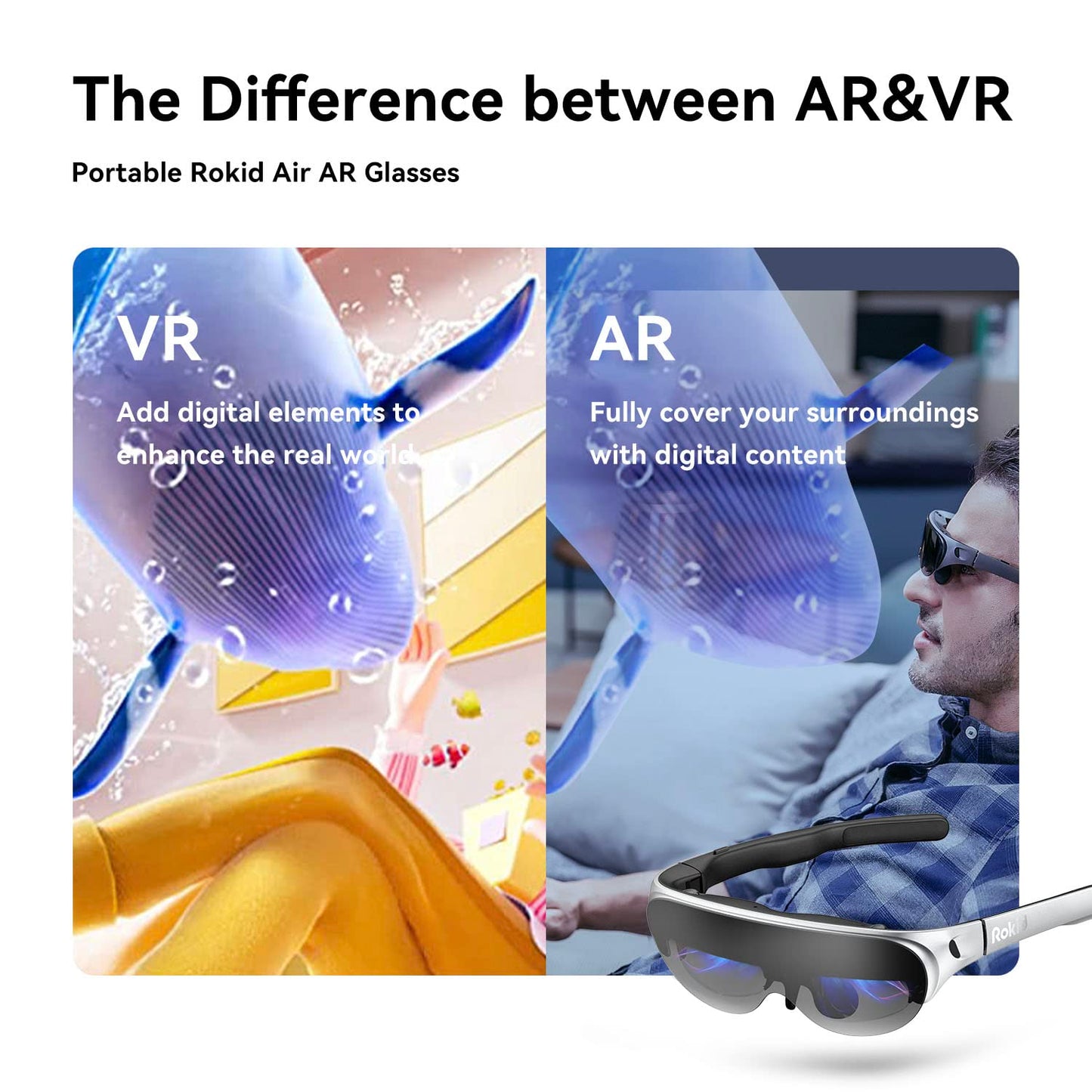 Rokid Air AR Glasses Augmented Reality Wearable Tech Headsets Smart Portable Massive Screen 1080P Dual Display,43°FoV, 55PPD