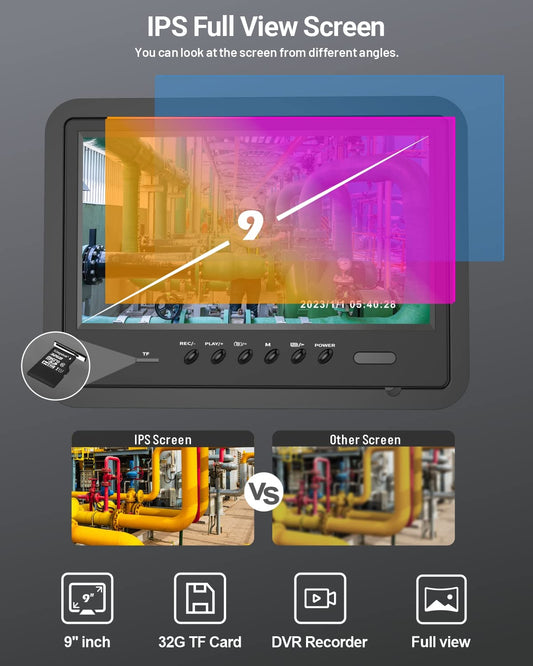 Cámara de alcantarillado autonivelante, cámara de inspección Anysun de 165 pies con monitor de 9 pulgadas y grabadora DVR con tarjeta de 32 GB, cámara de tubería impermeable con 12 luces ajustables, cámara de plomería para inspección de tuberías