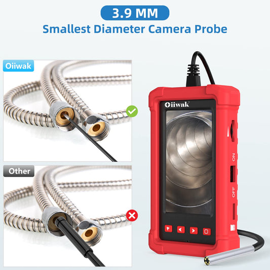 Cámara endoscopio industrial de 0.154 in, cámara de inspección de boroscopio Oiwak HD 1080P pantalla IPS de 4.3 pulgadas, 6 luces LED, cable semirrígido, funda de transporte, cámara de serpiente de alcantarillado impermeable IP68 (5 pies)