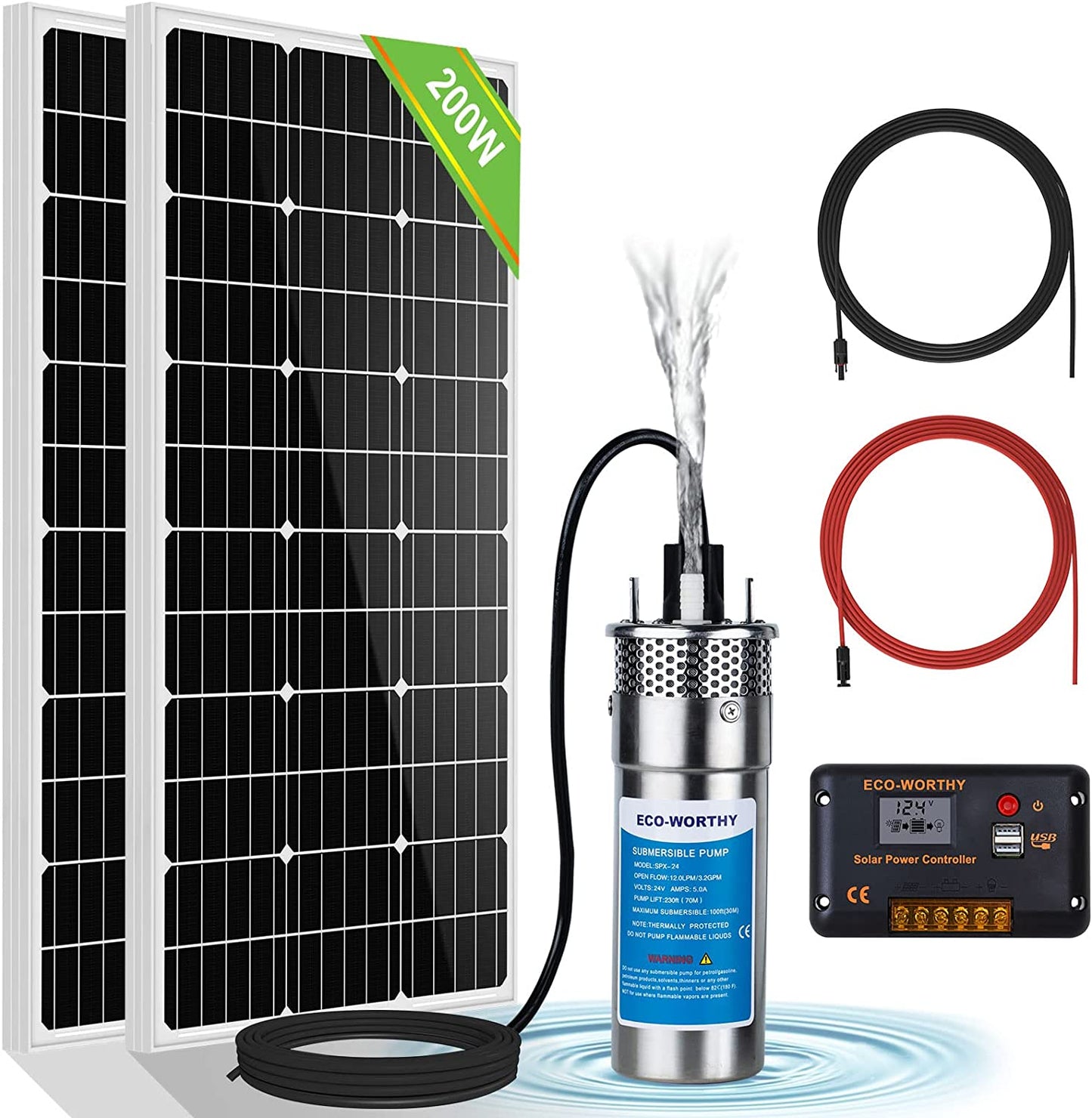 ECO-WORTHY Kit de bomba de agua solar de pozo profundo de 12 V CC con 2 piezas de panel solar mono de 100 W, controlador de batería de 10 Ah para pozos 165ft