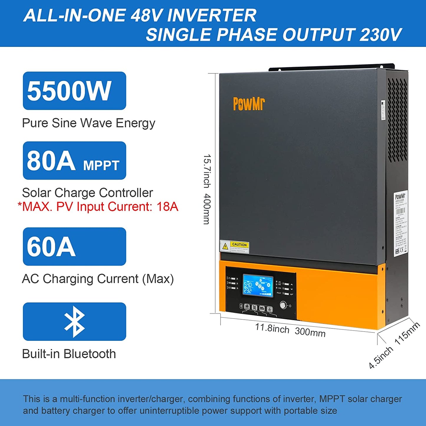 PowMr - Inversor de onda sinusoidal híbrida 3000W 24V CC a 230 V CA con driver de carga MPPT, servicio de soporte de utilidad/generador/carga solar