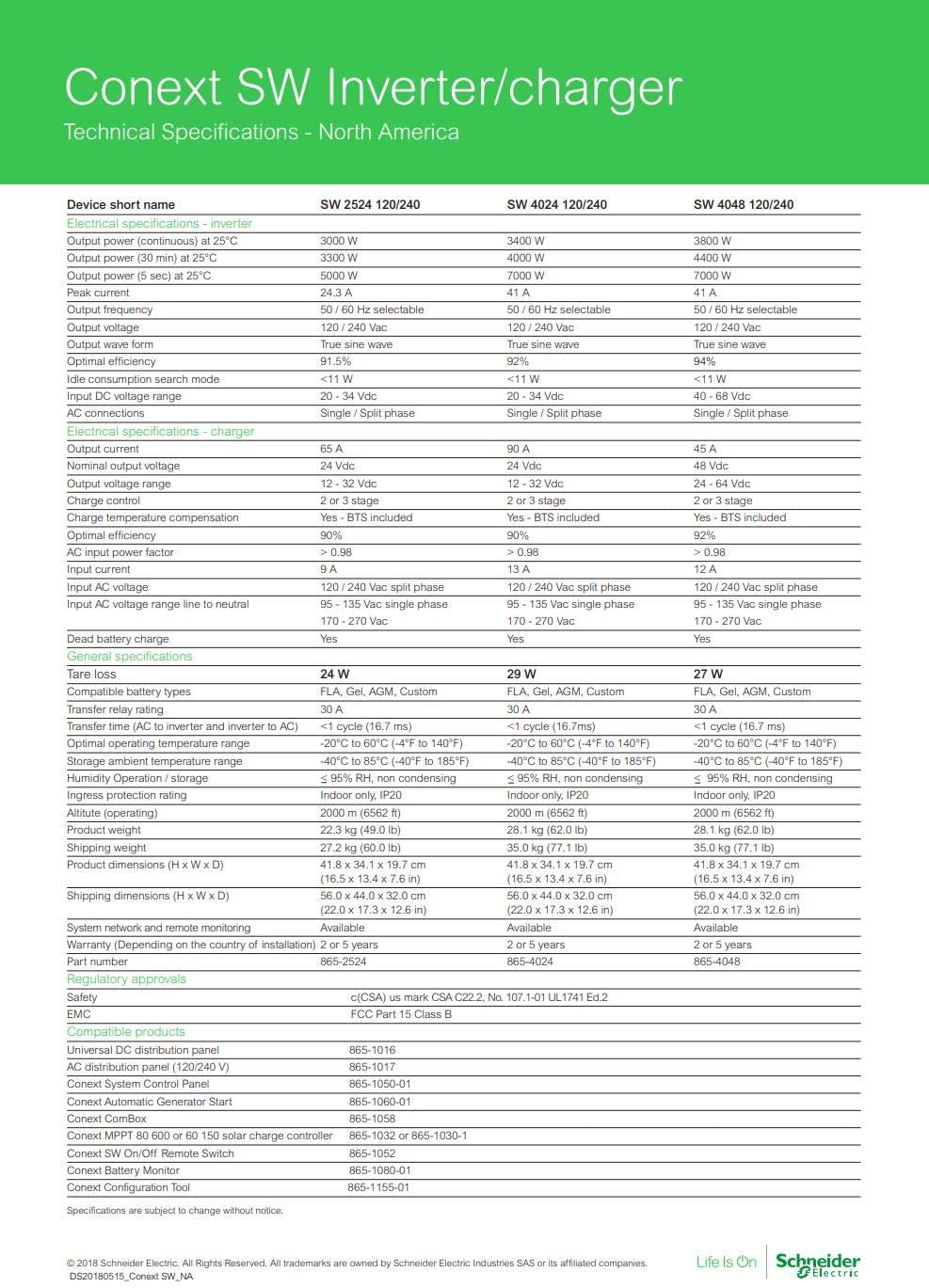Schneider Conext SW 4kW 120/240VAC 24VDC Inverter/Charger RNW8654024