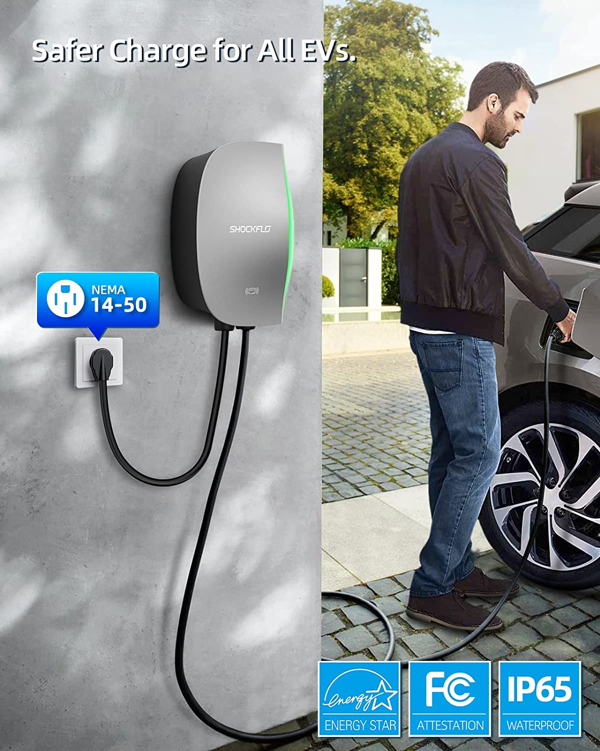 ShockFlo 48A EV Charger, Level 2 Electric Vehicle Charging Station, NEMA 14-50 Plug or Hardwired EV Charging Station, Wi-Fi and Bluetooth Enabled EVSE Indoor/Outdoor Use with 17ft Cable and RFID Card