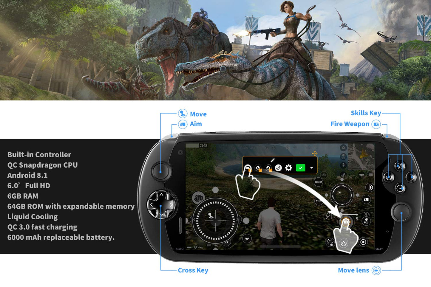 MOQI I7S Game Phone Handheld 6" Touchscreen Game Console, Android 8.1 SDM-710 8-Core Qualcomm Kryo 360 CPU,Adreno 616 GPU, 6GB RAM, 64GB ROM, 6000mAh Battery Support Qualcomm APTX and QC 3.0