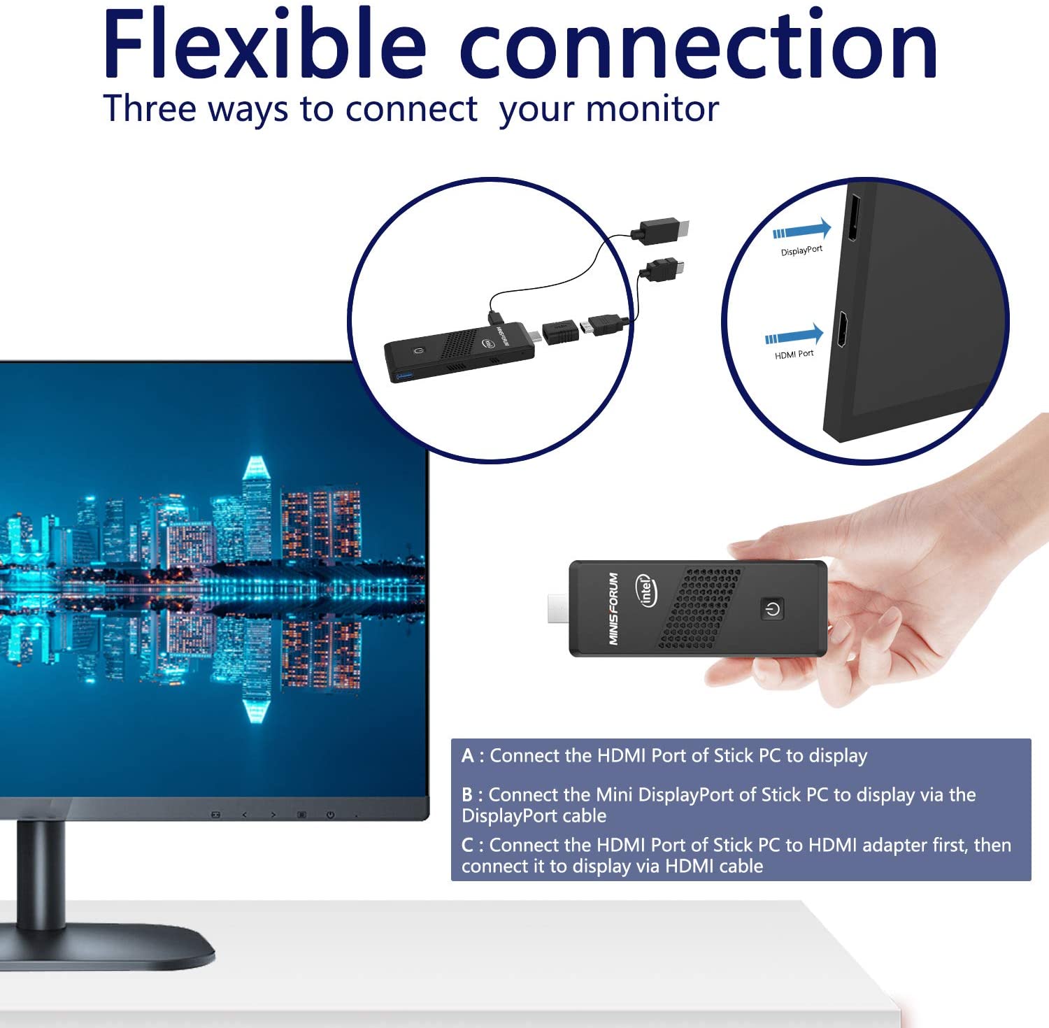 Mini PC Stick Intel Celeron N4000 (hasta 2,6 GHz) 4 GB DDR4/64 GB eMMC Intel Stick PC 4 K a 60 Hz HD HDMI 2.0/Mini DP Puertos Dual WiFi BT5.0/2xUSB3.0/USB-C/Auto Power On