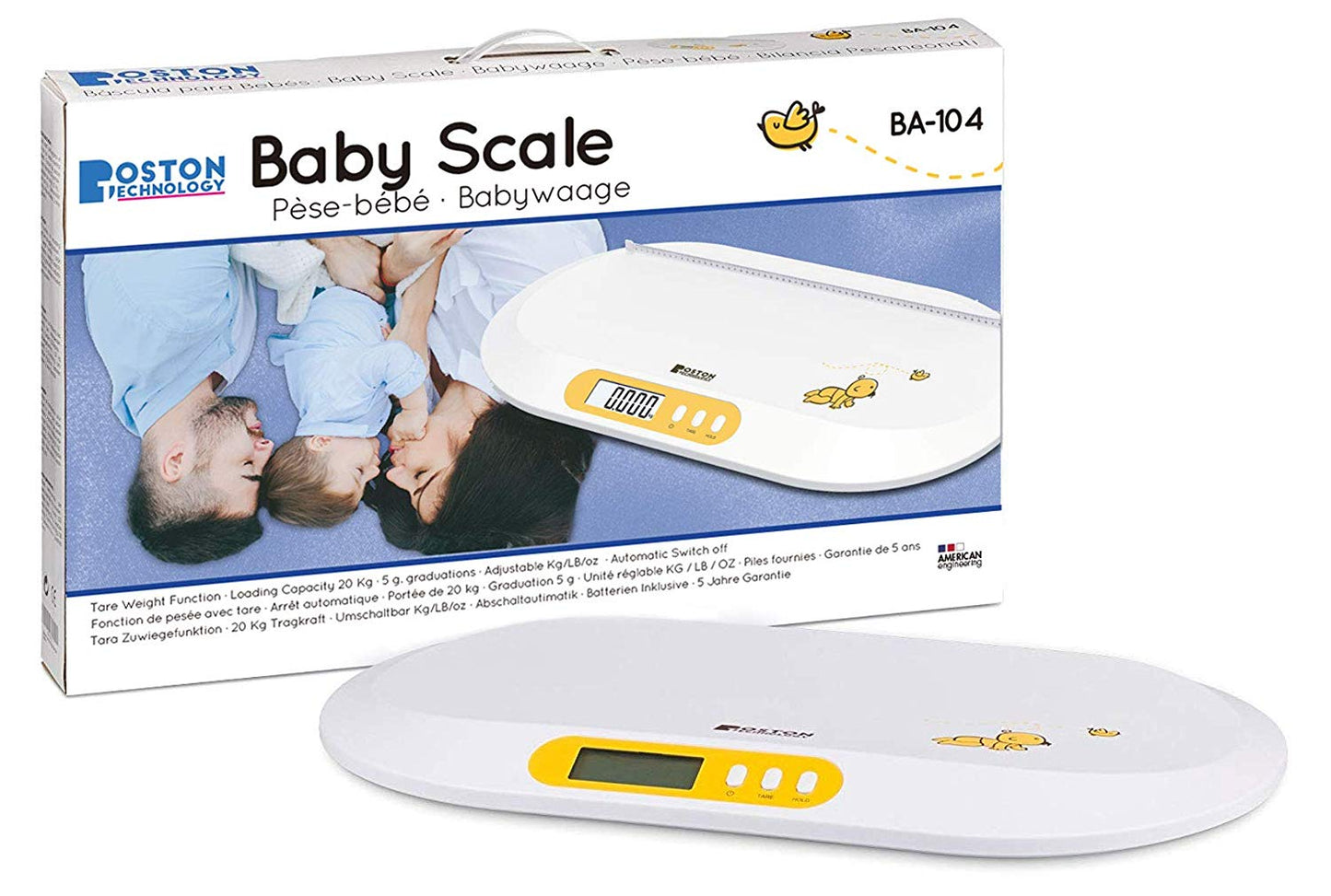 Boston Tech BA-104 - Accurate Digital Baby Scale For Toddlers and Pets with Comfortable Curving Platform; TARA and Hold Function. Includes Measuring Tape and Batteries
