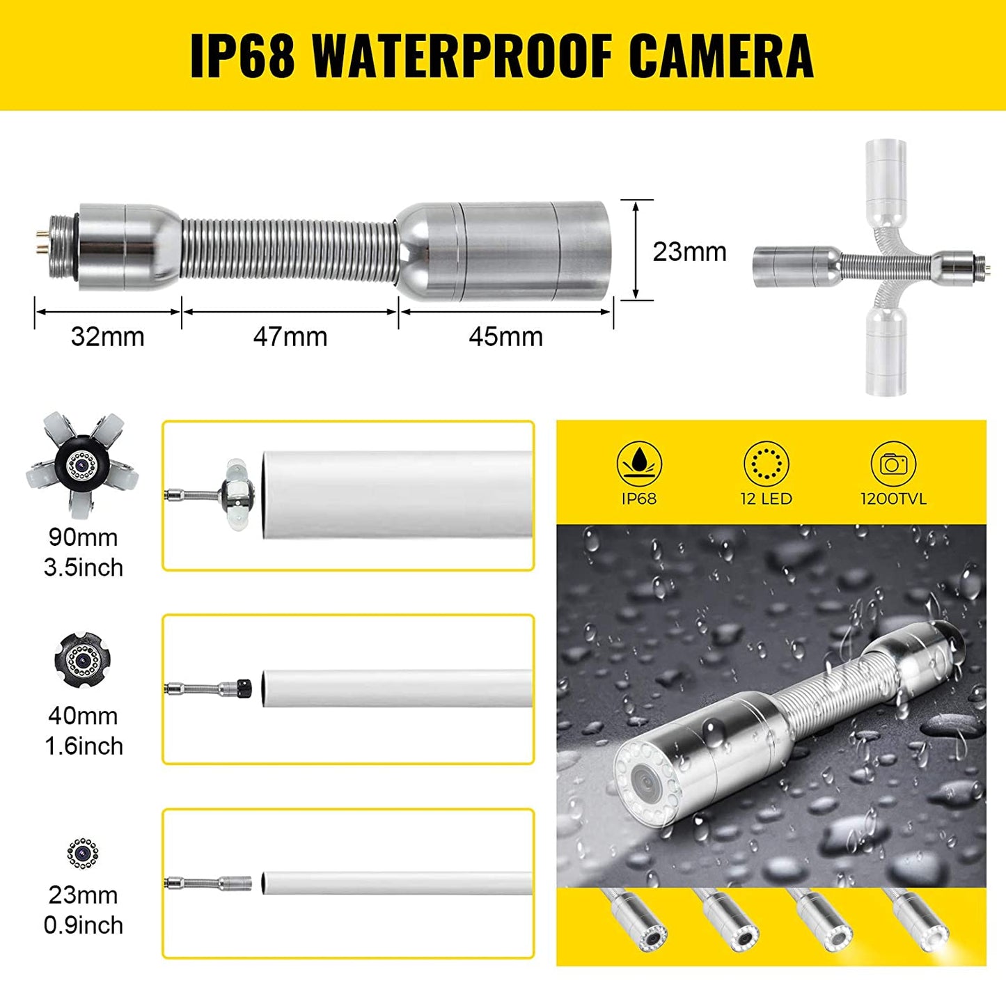 Mophorn Cámara de alcantarillado de 300 pies de tubería de inspección de tuberías de 9" a color LCD equipo de inspección de tuberías IP68 boroscopio endoscopio impermeable