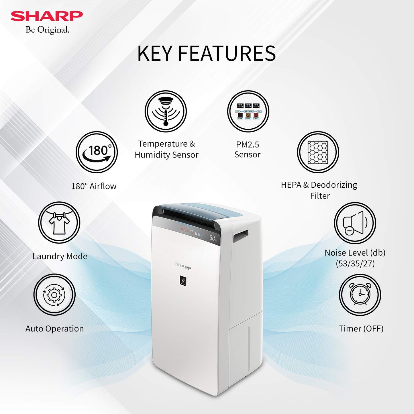 Sharp Air Purifier & Dehumidifier for Homes, Rooms, Offices | Awarded Plasmacluster Tech. | True HEPA H14 (in E1822 type) & Activated Carbon Filter | Auto Dehumidification | PM2.5 Indicator | Model: DW-J20FM-W