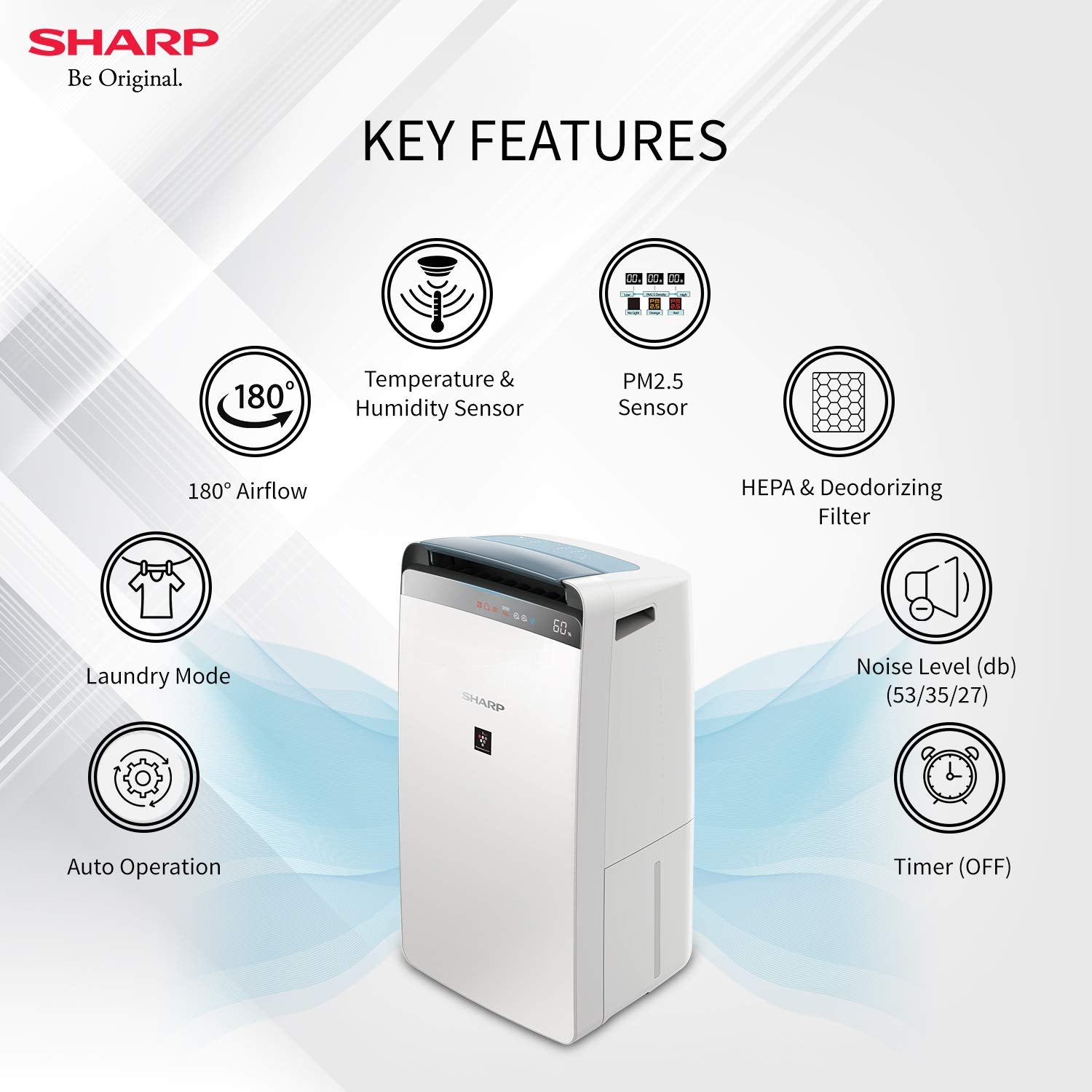 Sharp Air Purifier & Dehumidifier for Homes, Rooms, Offices | Awarded Plasmacluster Tech. | True HEPA H14 (in E1822 type) & Activated Carbon Filter | Auto Dehumidification | PM2.5 Indicator | Model: DW-J20FM-W