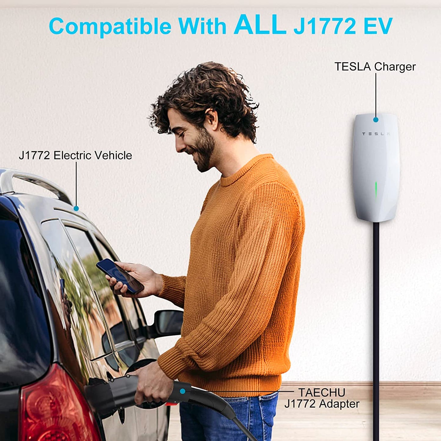 Adaptador Tesla a J1772, máximo 60 amperios y 250 V, TAECHU J1772 con bloqueo anticaídas, compatible con cargadores Tesla Wall/Destino/móviles (con una bolsa de almacenamiento)