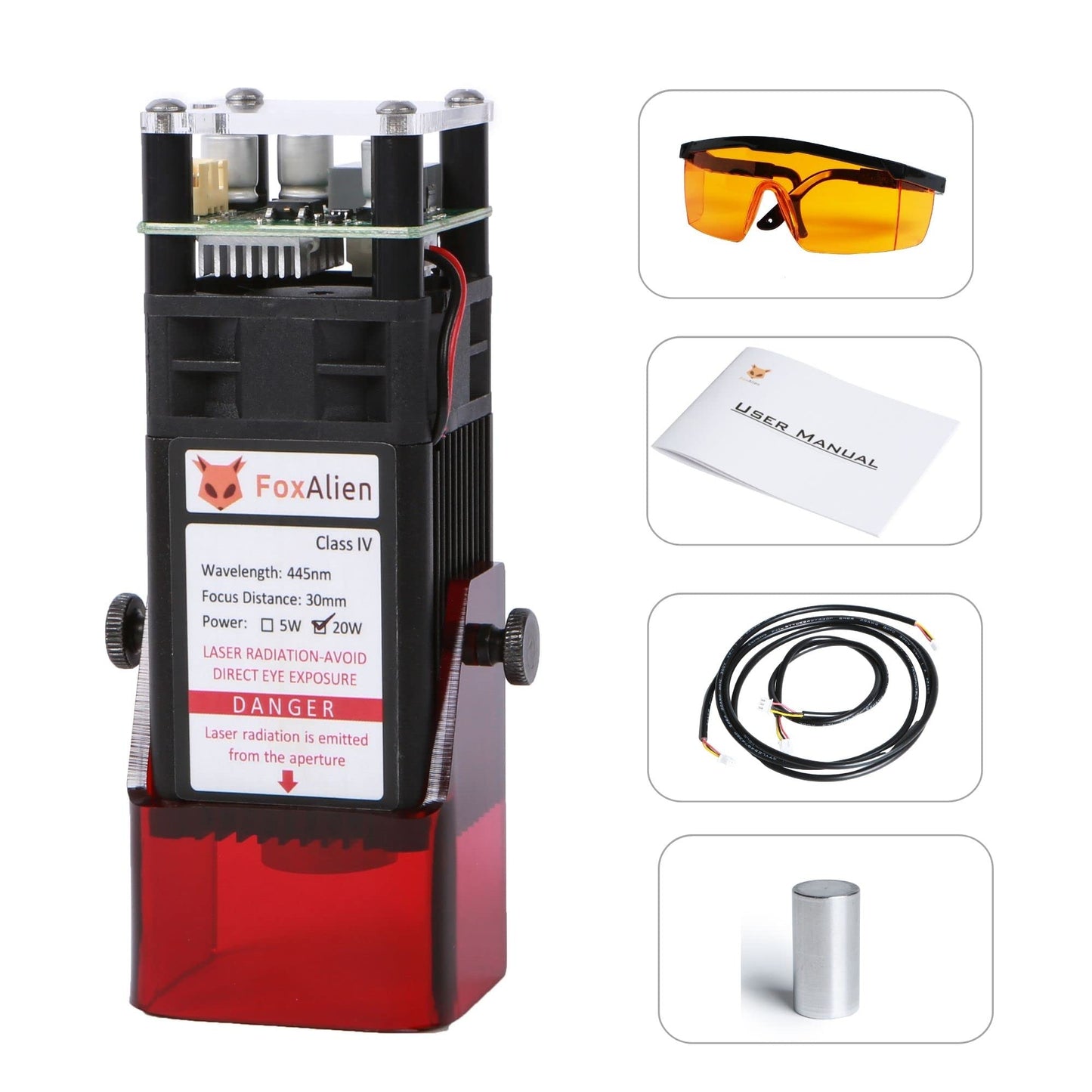 FoxAlien Módulo de grabador de enfoque fijo de 20 W clase 4 450 nm PWM TTL para FoxAlien 3018-SE V2, 4040-XE, LE-4040 CNC máquina de grabado (salida óptica de 5000 mW)