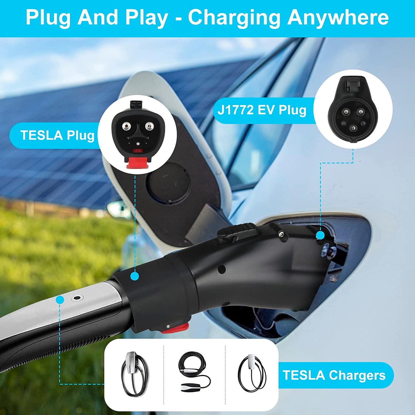 Adaptador Tesla a J1772, máximo 60 amperios y 250 V, TAECHU J1772 con bloqueo anticaídas, compatible con cargadores Tesla Wall/Destino/móviles (con una bolsa de almacenamiento)