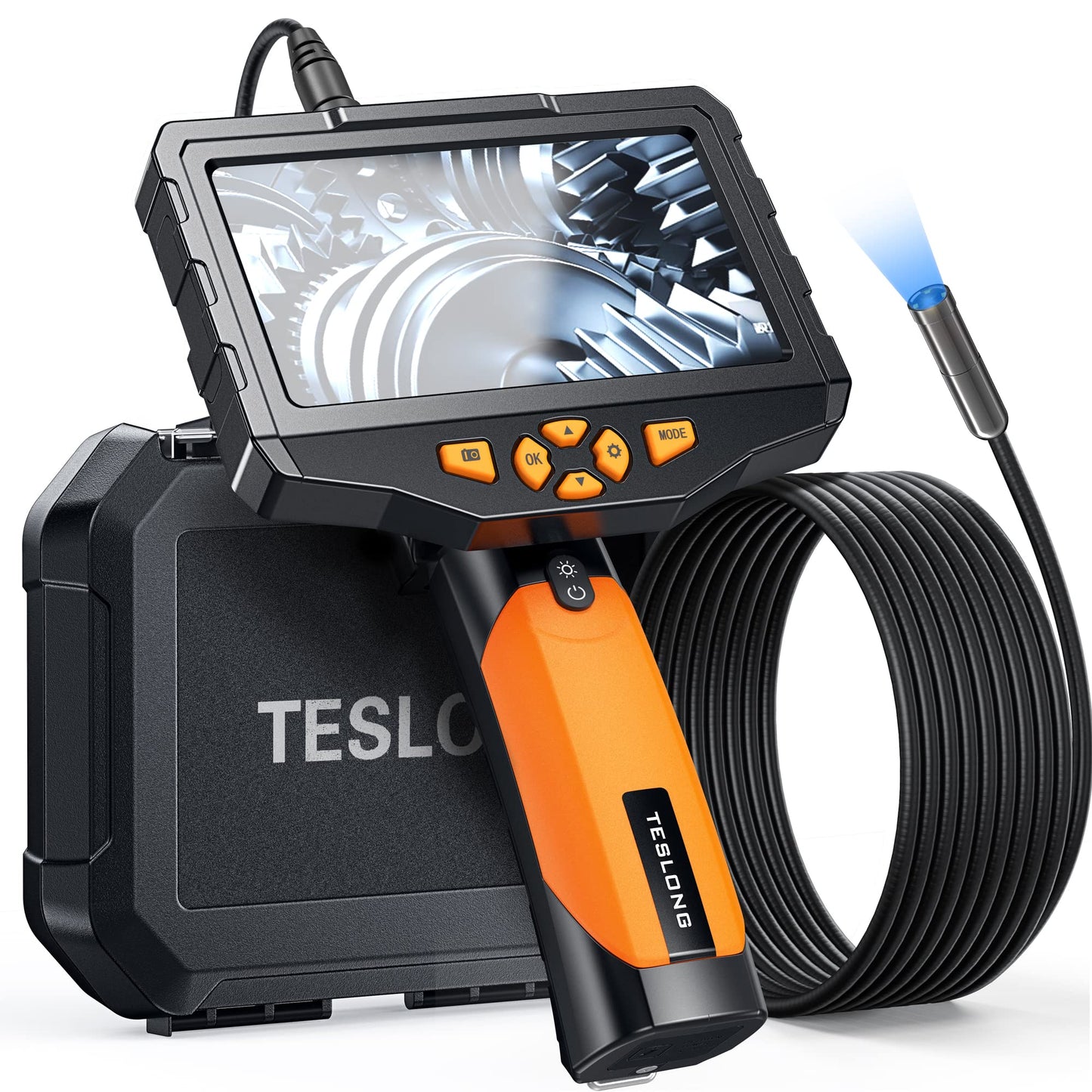 Teslong NTS300 - Cámara de inspección 5MP endoscopio con pantalla de 4.5 pulgadas y doble lente a 1080p con vidrio templado, endoscopio industrial de tubo semirrígido resistente al agua, batería de 2600mAh y tarjeta TF de 32GB