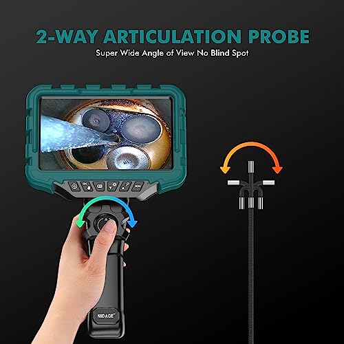 Boroscopio articulado de pantalla IPS de 7 pulgadas con luz, cámara de inspección de endoscopio NIDAGE de 0.24 pulgadas con cámara de serpiente articulada bidireccional, alcance flexible de fibra