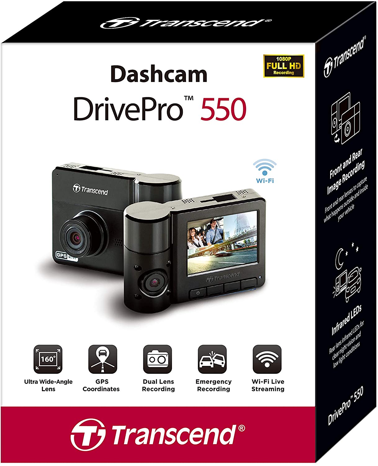 Transcend DrivePro 550 - Cámara de vídeo para salpicadero de coche con ventosa y tarjeta de memoria de 64 GB