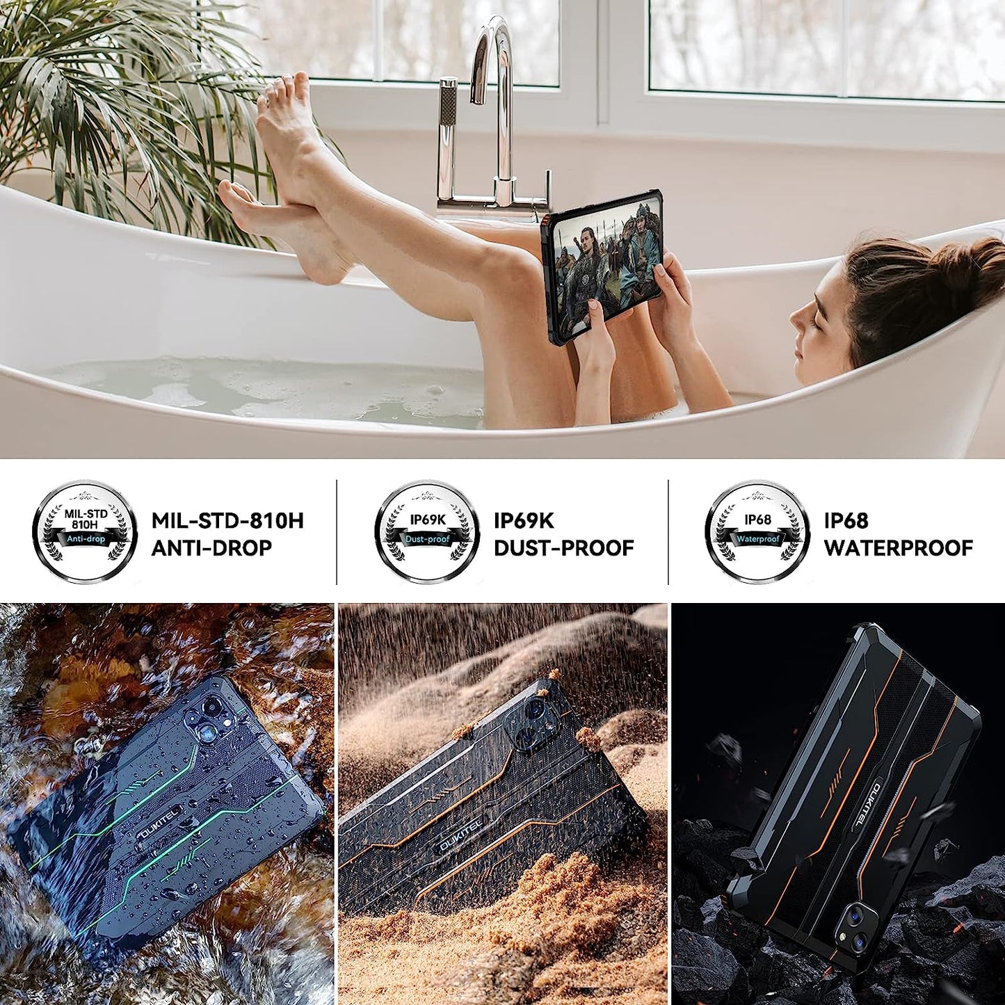 OUKITEL RT3 - Tableta Android 12, resistente al agua, 8 pulgadas, Octa Core 7 GB+64 GB 1 TB expandible, batería de 5150 mAh, cámara de 16+8 MP, tabletas IP68e IP69K, 4G Dual SIM/5G WiFi/BT5.3/GPS