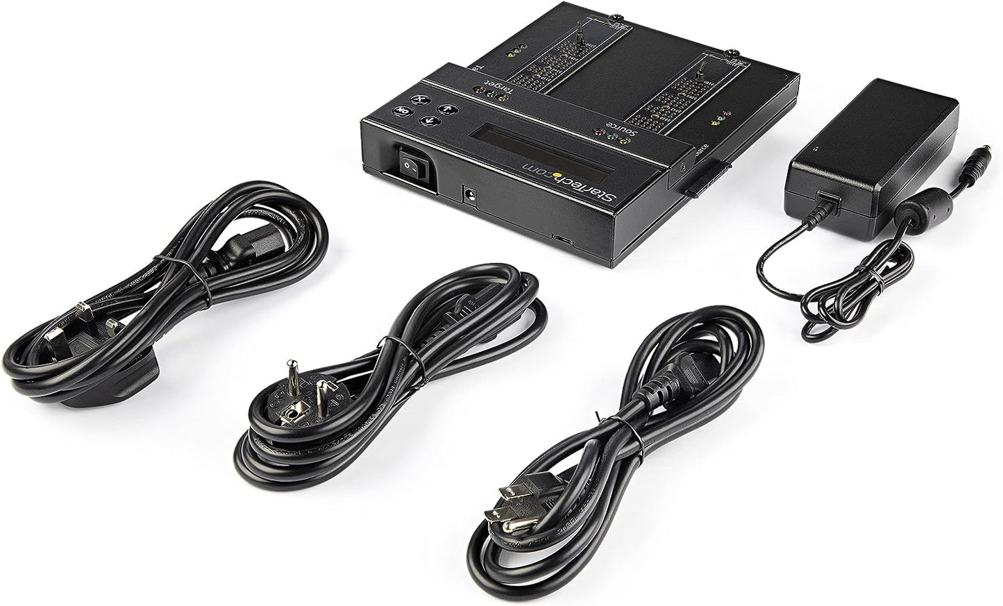 StarTech.com Duplicador/Borrador de Doble Bahía M.2 SATA/NVMe, Clonador/Limpiaparabrisas para M.2 PCIe AHCI/NVMe, M.2 SATA, 2.5/3.5", Desinfectante/Copiadora de Disco Duro, TAA (SM2DUPE11), Negro