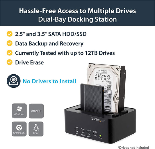 StarTech.com Dual Bay USB 3.0 Duplicator and Eraser Dock for 2.5" & 3.5" SATA SSD HDD - 1:1 Standalone Cloner & Wiper Docking Station (SATDOCK2REU3)