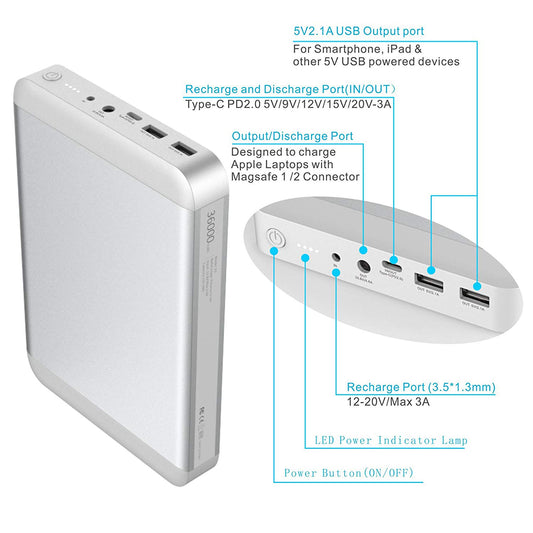 MAXOAK Type-C Power Bank for Laptop MacBook Pro/MacBook Air MacBook 2006-2018 36000mAh 5/9/12/15/20V PD USB-C External Battery Pack Portable Charger W/2USB for Mac Notebook Phone(Recharge by AC/USB-C)