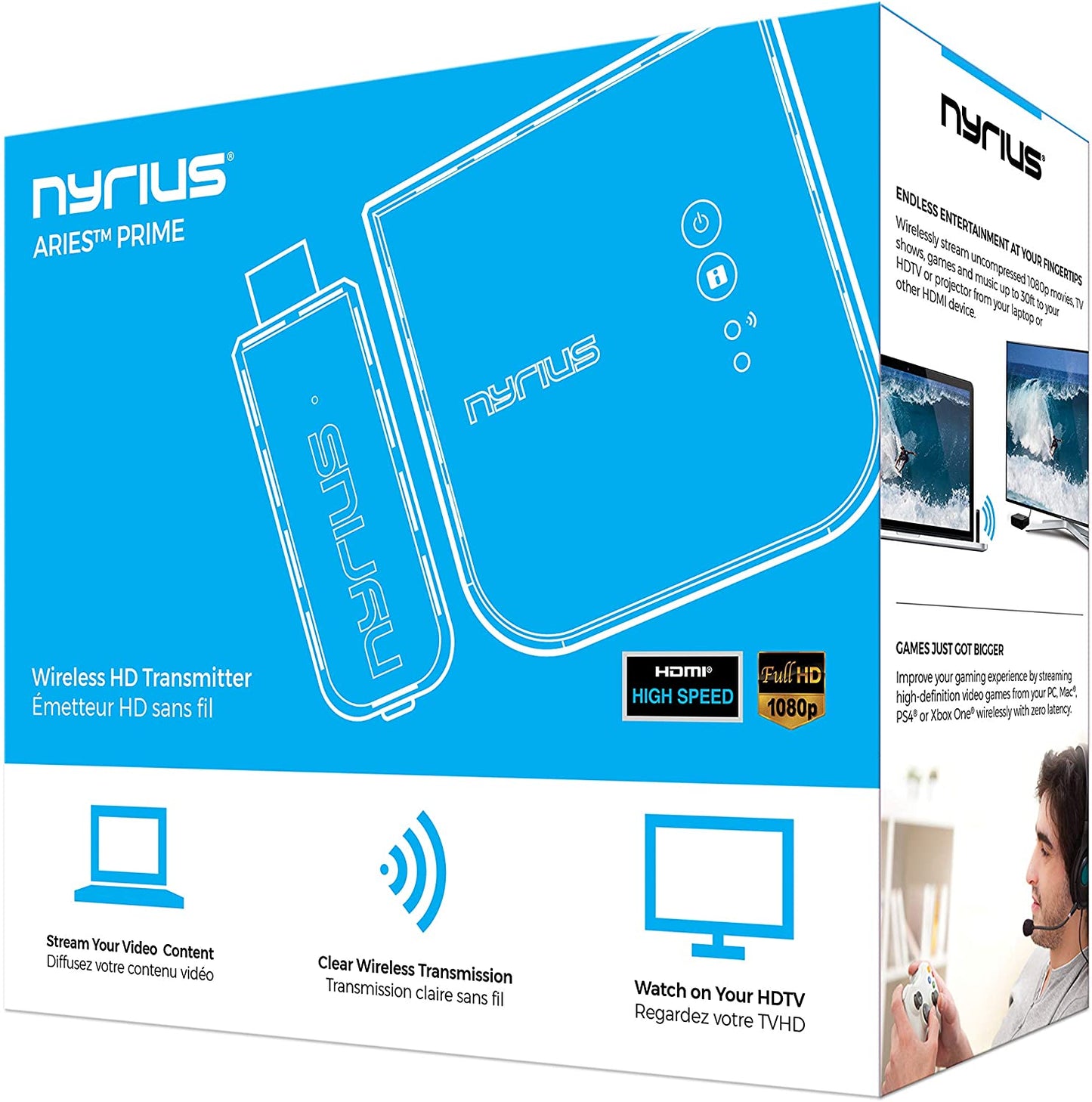 Nyrius Aries Prime Wireless Video HDMI Transmitter & Receiver for Streaming HD 1080p 3D Video & Digital Audio from Laptop, PC, Cable, Netflix, YouTube, PS to HDTV/Projector (NPCS549)