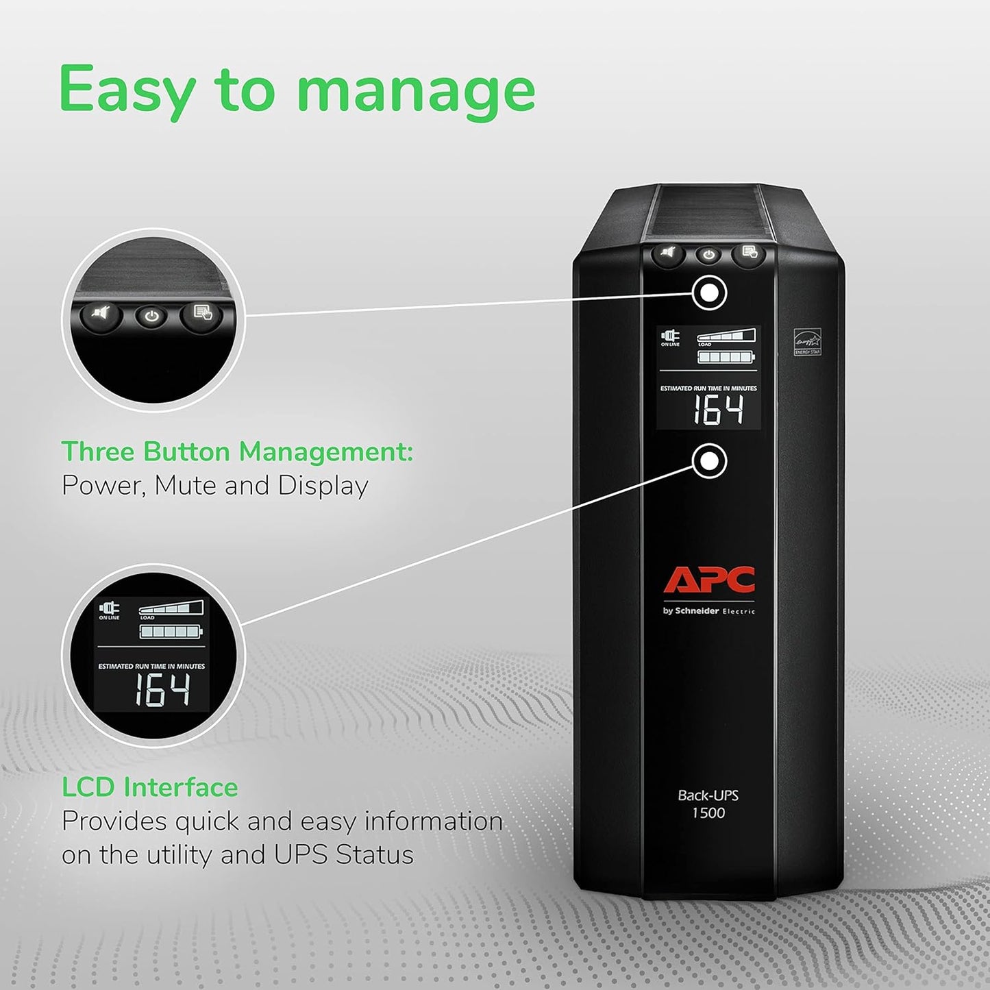 APC UPS 1500 VA UPS Batería de reserva y protector de sobretensión, BX1500 M, fuente de alimentación de batería de reserva, AVR, protección de datos