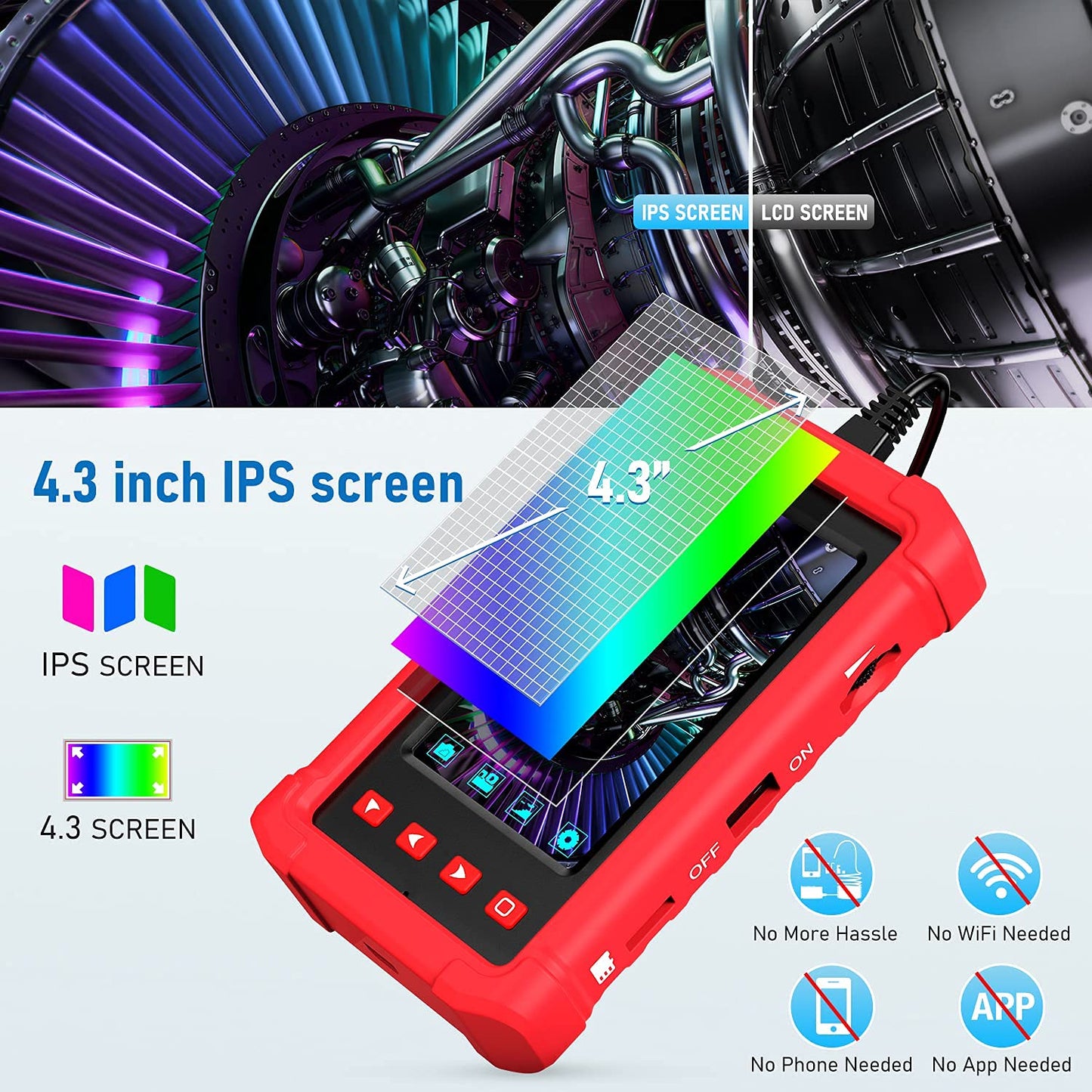 Cámara endoscopio industrial de 0.154 in, cámara de inspección de boroscopio Oiwak HD 1080P pantalla IPS de 4.3 pulgadas, 6 luces LED, cable semirrígido, funda de transporte, cámara de serpiente de alcantarillado impermeable IP68 (5 pies)