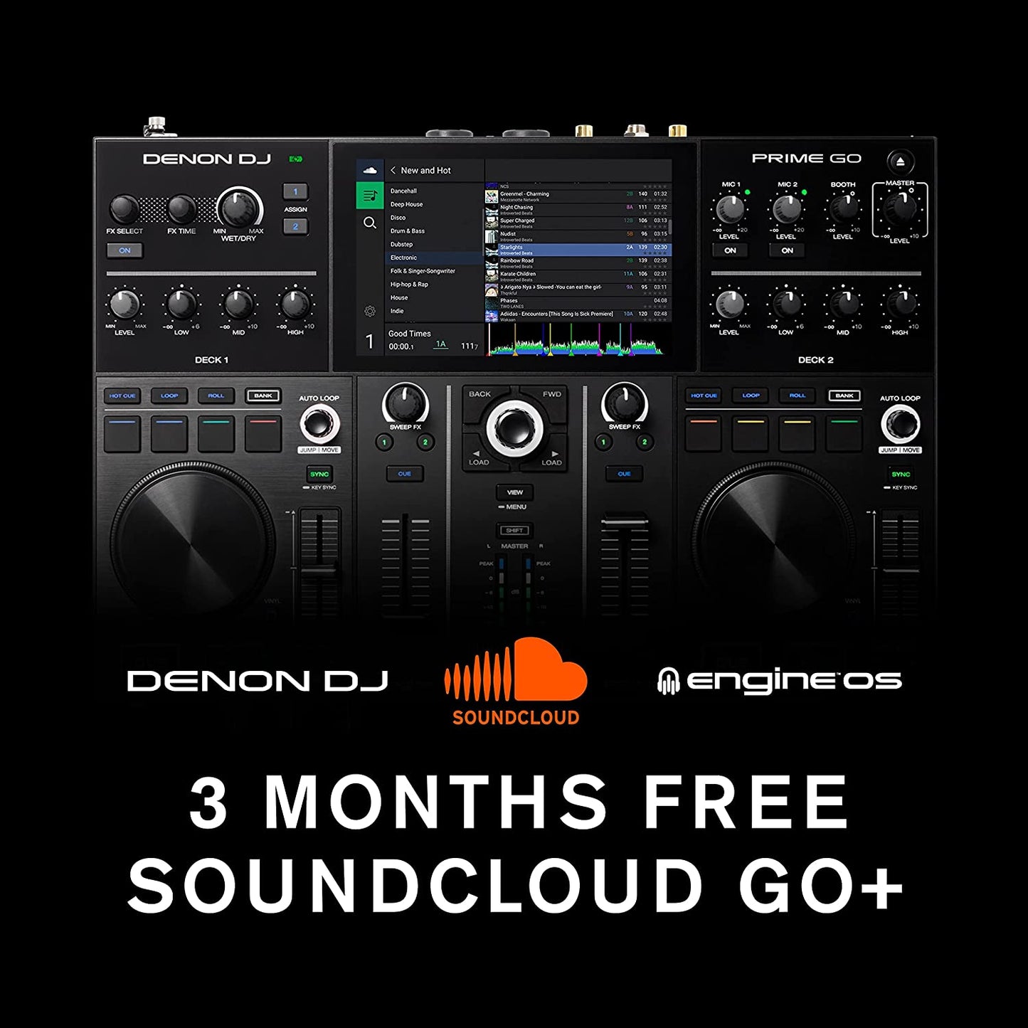 Denon DJ PRIME GO - Consola smart DJ con 2 decks, Sistema DJ portátil con streaming por wifi, pantalla táctil HD de 7’’ y batería recargable