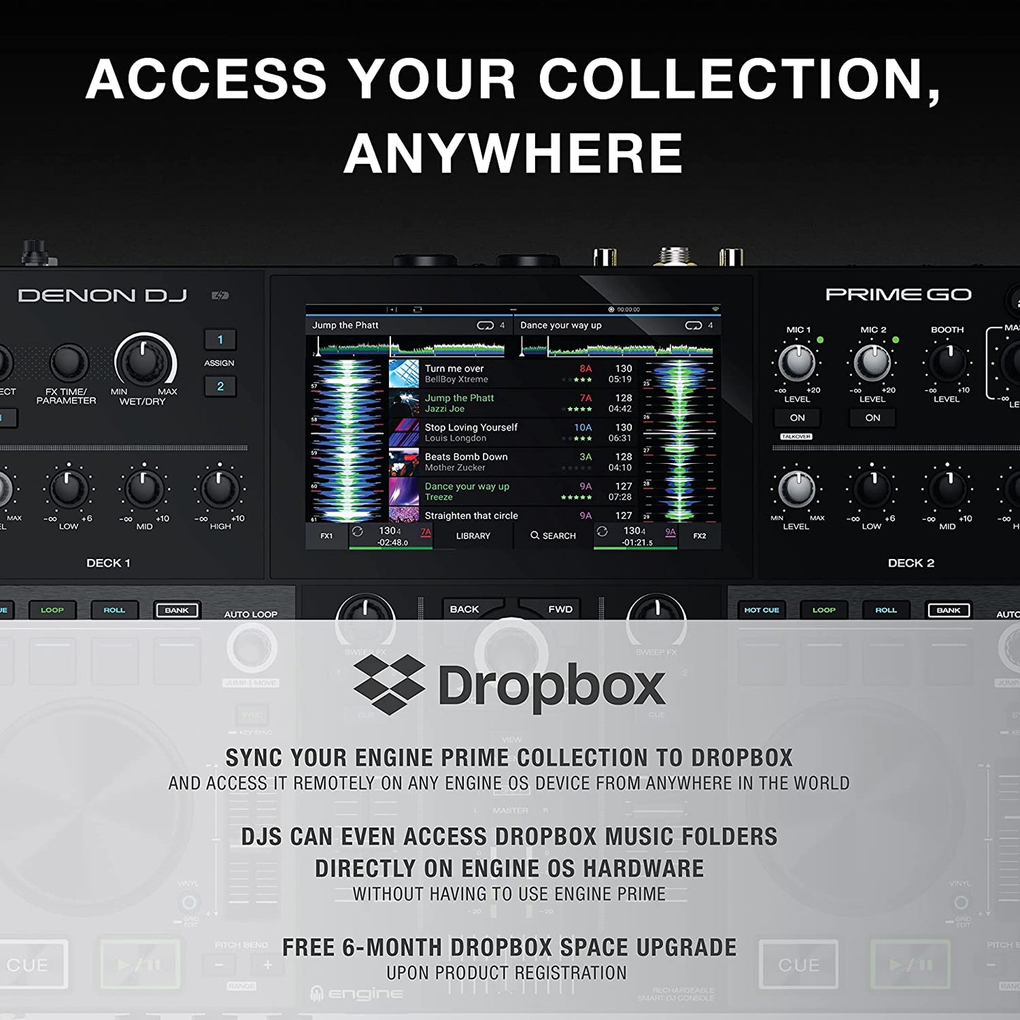 Denon DJ PRIME GO - Consola smart DJ con 2 decks, Sistema DJ portátil con streaming por wifi, pantalla táctil HD de 7’’ y batería recargable
