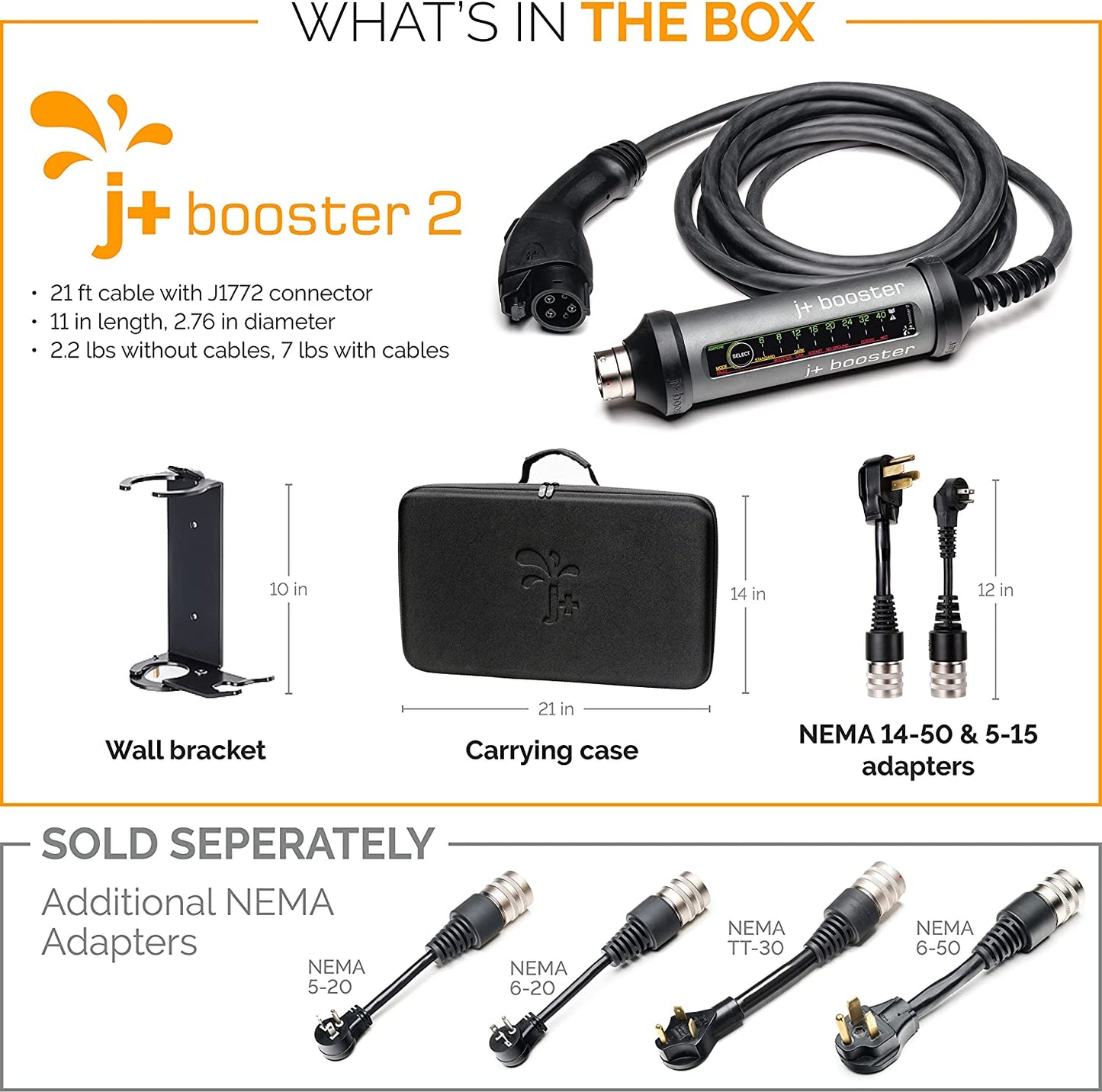 j+ Booster 2 Cargador portátil EVSE 40amp 240v ultra ligero UP-JB2L JUICE AMERICAS
