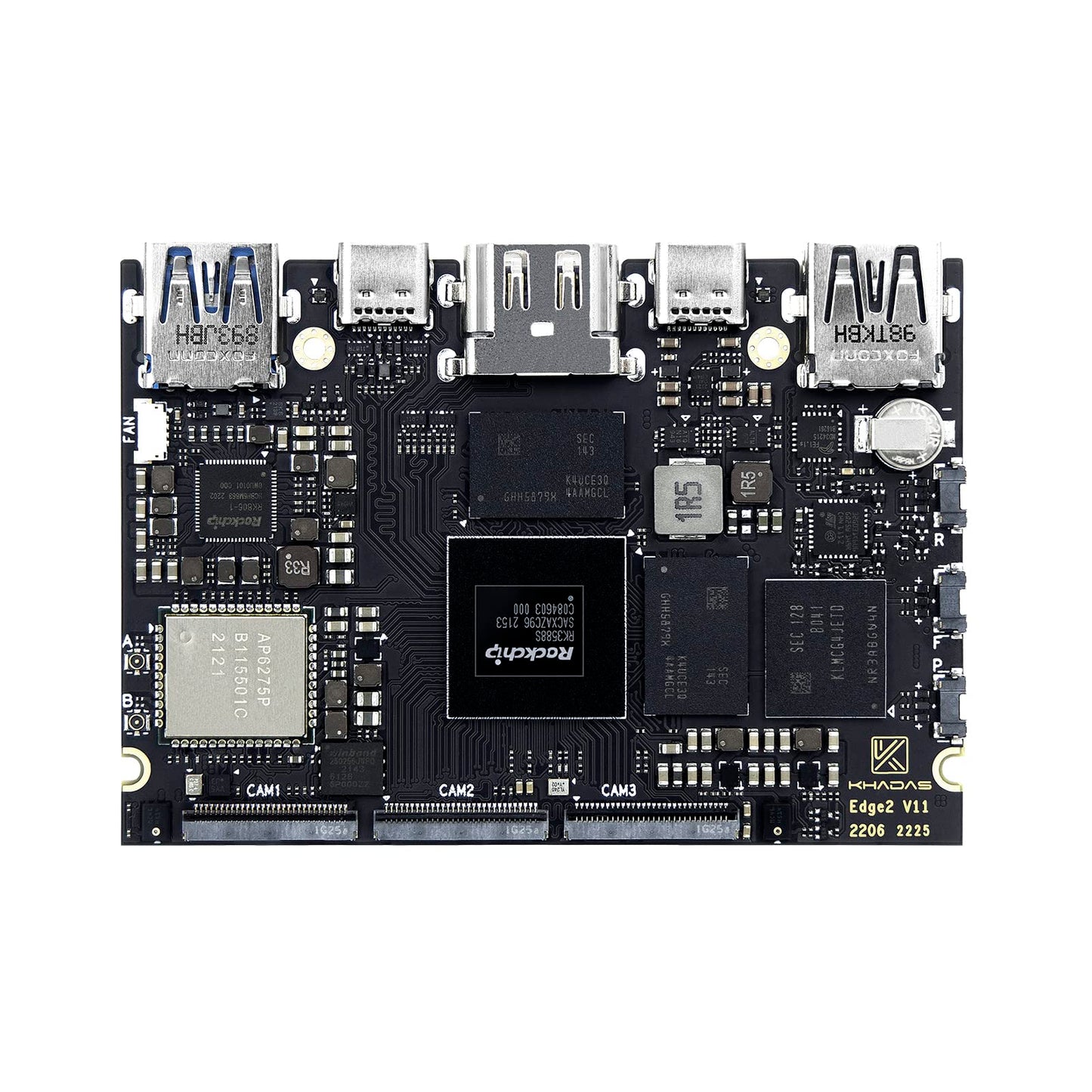 khadas Mini ARM PC, Edge2 RK3588S Computadora de placa única con CPU de 8 núcleos de 64 bits, ARM Mali-G610 MP4 GPU, 6 tops AI NPU, Wi-Fi 6, Bluetooth 5.0, visualización y decodificador HD 8K, interfaz de usuario 4K y 4 pantallas independientes