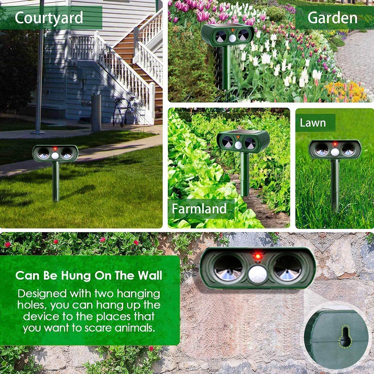 ABILLY Solar ultrasónico repelente de rata, ardilla, ciervo, mapache, mofeta, conejo, topo, perro, gato, impermeable con detector de movimiento