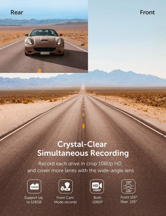 Dual Dash cam | VAVA Dual 1920x1080P FHD | Front and Rear dash camera | 2560x1440P Single Front| for cars with Wi-Fi | Night Vision | Parking Mode | G-sensor | WDR | Loop recording| Support 128GB Max