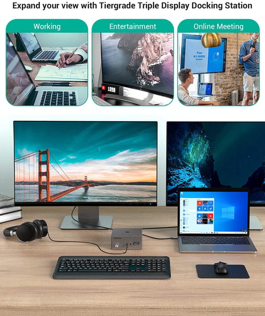 Tiergrade USB C Docking Station with Dual 4K HDMI,DP, 6 USB Ports, SD/TF Card Slot, 60W USB-C PD Charging Dock, Triple Display for Windows USB C 3.1 Gen 2 Systems, Extended Display NOT for Mac OS