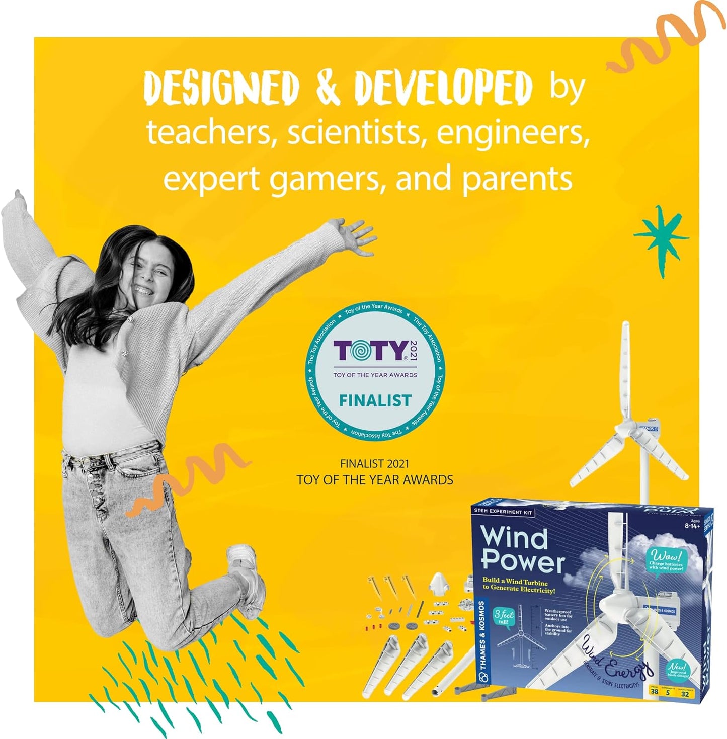Thames & Kosmos Kit de experimento STEM Wind Power V4.0 | Construye una turbina eólica de 3 pies para generar electricidad | Aprende sobre energía renovable y alimenta un automóvil modelo pequeño | Resistente a la intemperie para uso en exteriores