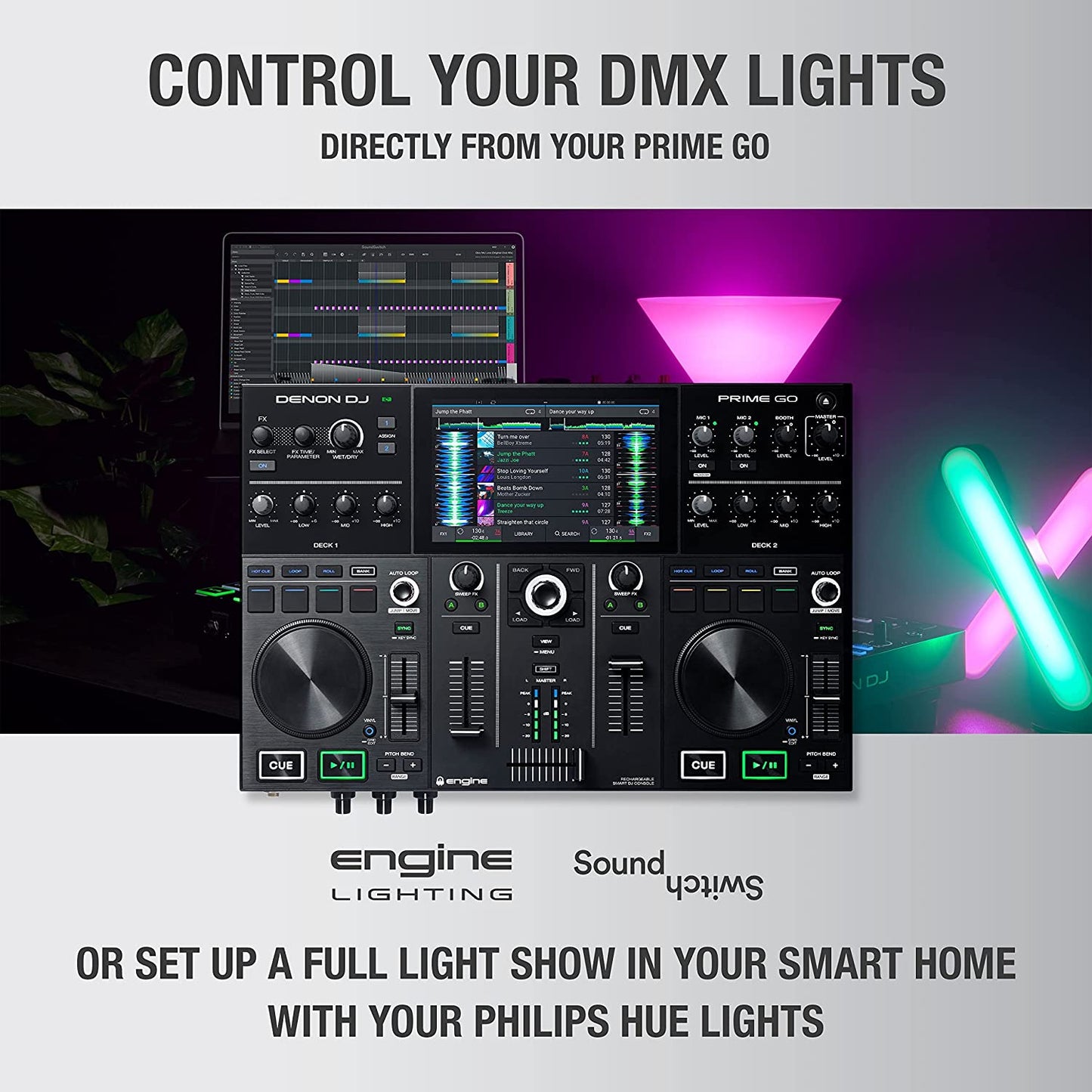 Denon DJ PRIME GO - Consola smart DJ con 2 decks, Sistema DJ portátil con streaming por wifi, pantalla táctil HD de 7’’ y batería recargable