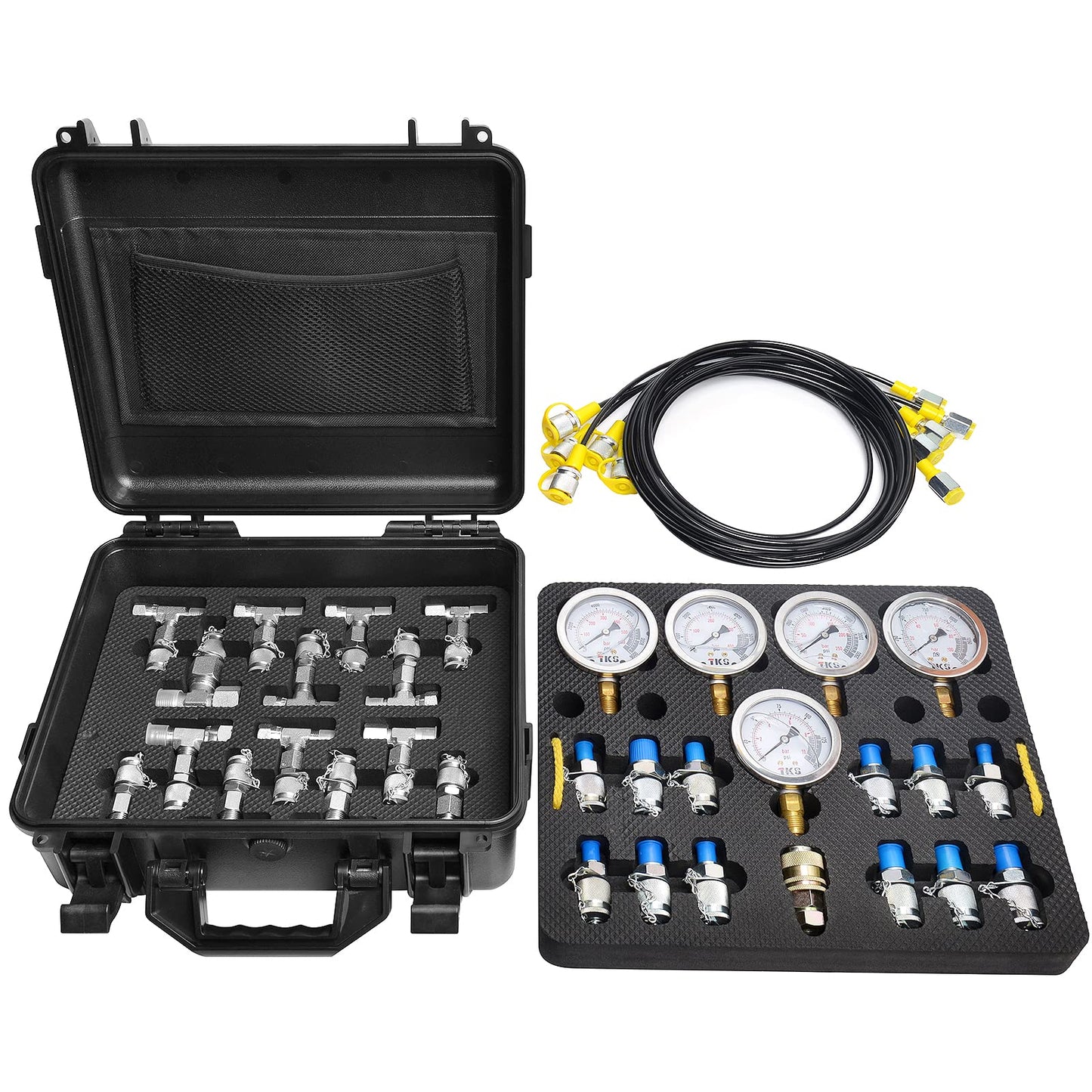 YFIXTOOL Kit de prueba de presión hidráulica con 5 calibres, 5 mangueras de ensayo y 13 acoplamientos y 14 conectores en T Kit de manómetro hidráulico de prueba utilizado para excavadoras