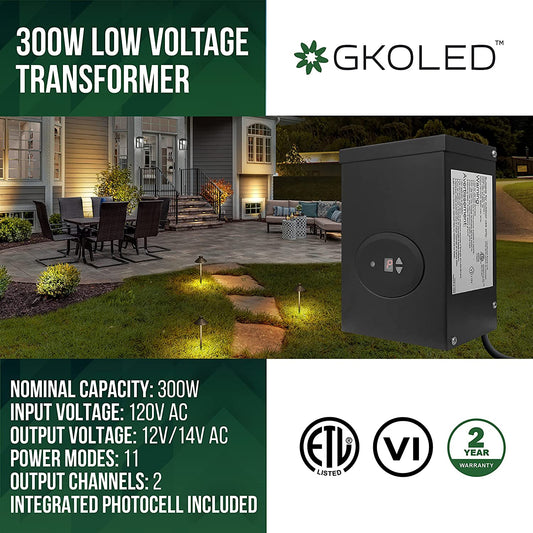 GKOLED Transformador de bajo voltaje de 300 W con certificación ETL para iluminación de paisaje con temporizador y sensor de fotocélula, paquete de alimentación de 120 V CA a 12 V/14 V CA, núcleo toroide totalmente encapsulado, certificado CEC VI