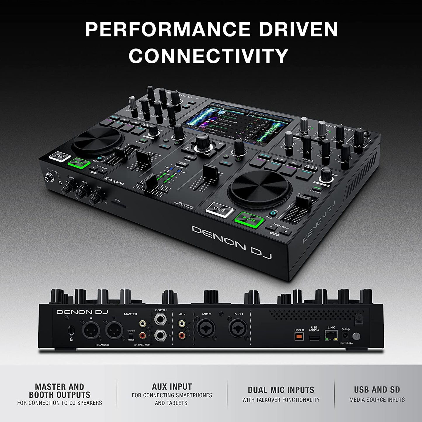 Denon DJ PRIME GO - Consola smart DJ con 2 decks, Sistema DJ portátil con streaming por wifi, pantalla táctil HD de 7’’ y batería recargable