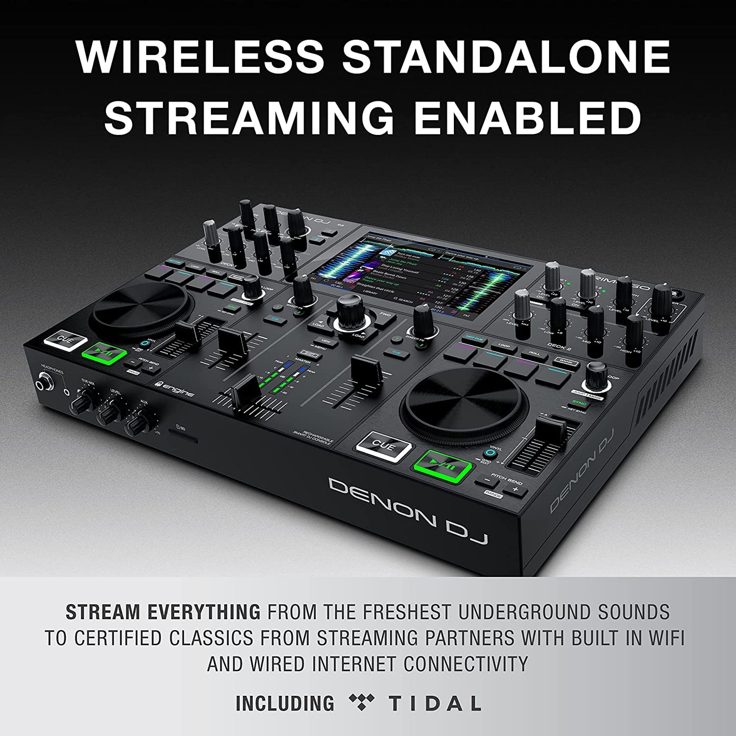 Denon DJ PRIME GO - Consola smart DJ con 2 decks, Sistema DJ portátil con streaming por wifi, pantalla táctil HD de 7’’ y batería recargable