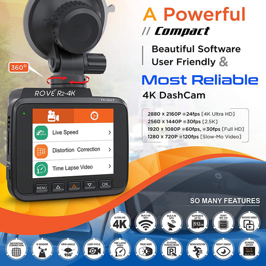 Rove R2 - 4K Dash Cam incorporado WiFi GPS coche Dashboard cámara grabadora con UHD 2160P, 2.4" LCD, 150° gran angular, WDR, visión nocturna