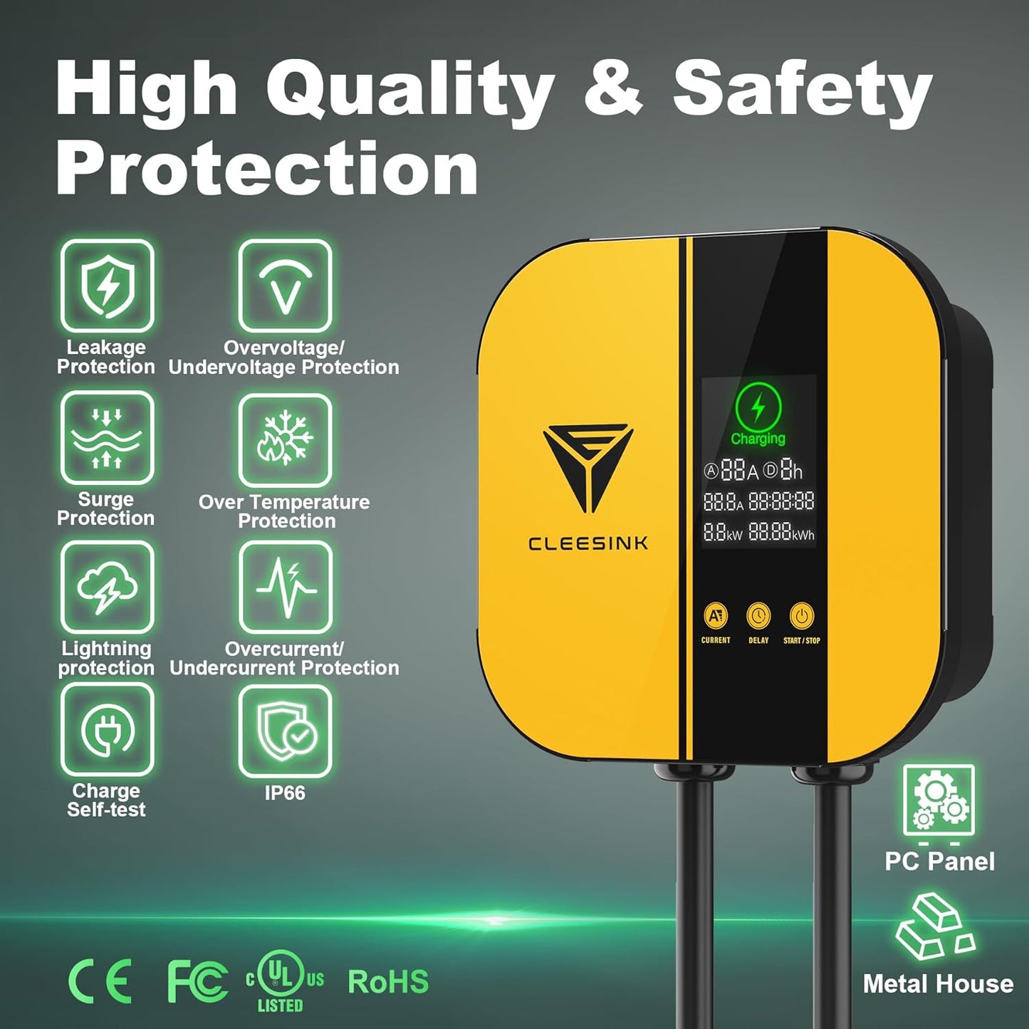 CLEESINK Cargador EV de nivel 2, estación de carga de vehículos eléctricos para interiores y exteriores, 40 A 240 V, NEMA 14-50, cable de 23 pies con certificación UL. 4-2687602YL