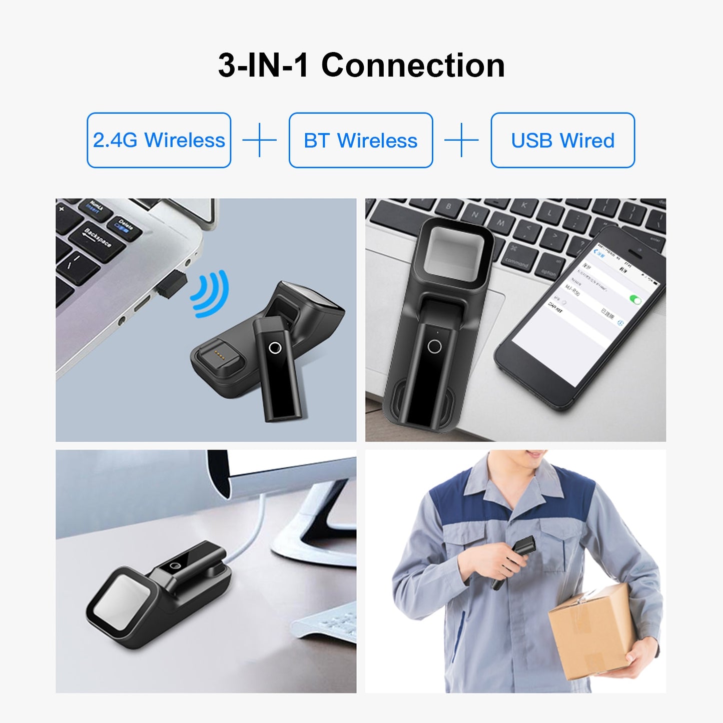 Aibecy 3-in-1 Barcode Scanner Handheld 1d/2d/qr Bar Code Reader Bt 2.4g Wireless Usb Wired Connection