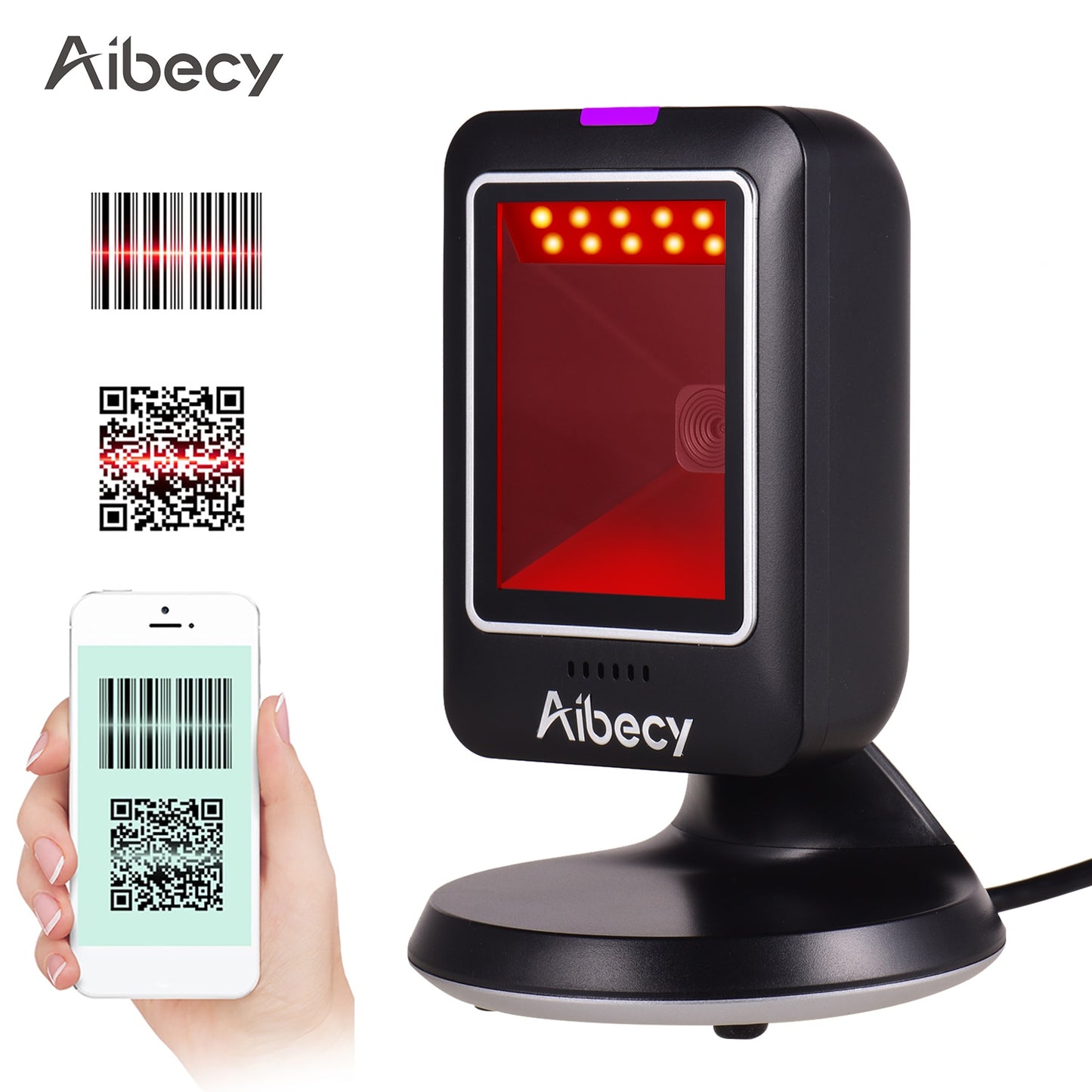 Aibecy MP6300Y 1D/2D/QR Omnidirectional Barcode Scanner USB Wired Bar Code Reader CMOS Hand-Free QR Code Scanner for  Retail