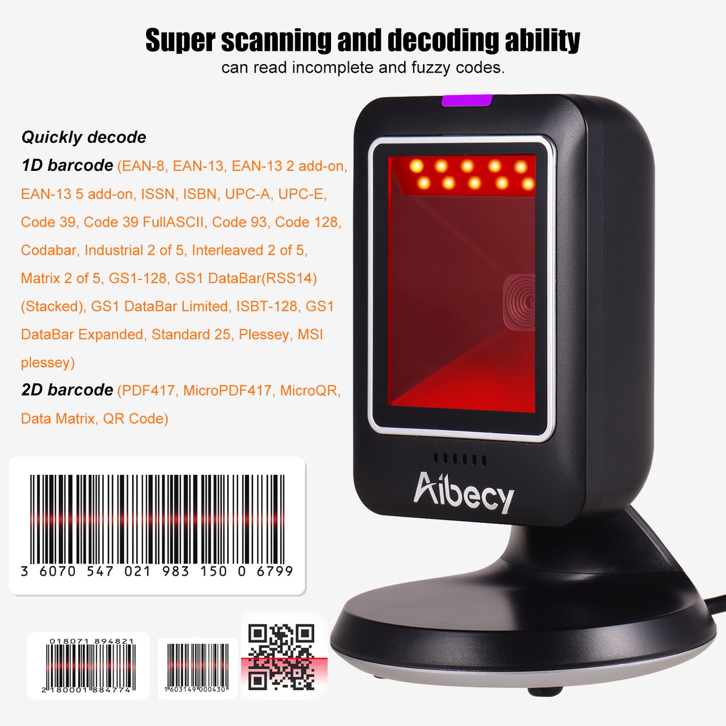 Aibecy MP6300Y 1D/2D/QR Omnidirectional Barcode Scanner USB Wired Bar Code Reader CMOS Hand-Free QR Code Scanner for Retail