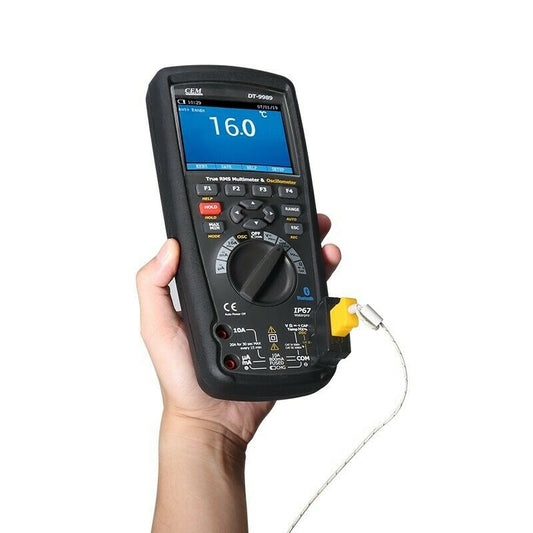 Osciloscopio multímetro industrial CEM DT-9989 True RMS con pantalla LCD a color