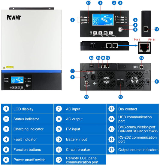PowMr Inversor híbrido de 5000 W, 48 V CC a 220 V/230 V CA con controlador de carga MPPT de 80 A para batería de plomo-ácido y litio
