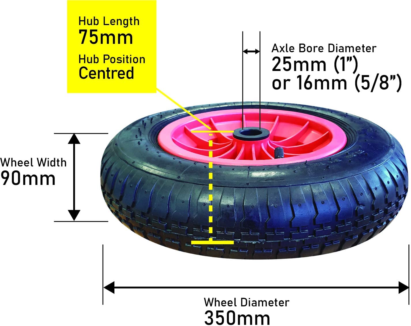 Rueda neumática de 350 mm (14") con centro de 25 mm (1") y reductor opcional de 16 mm (5/8")