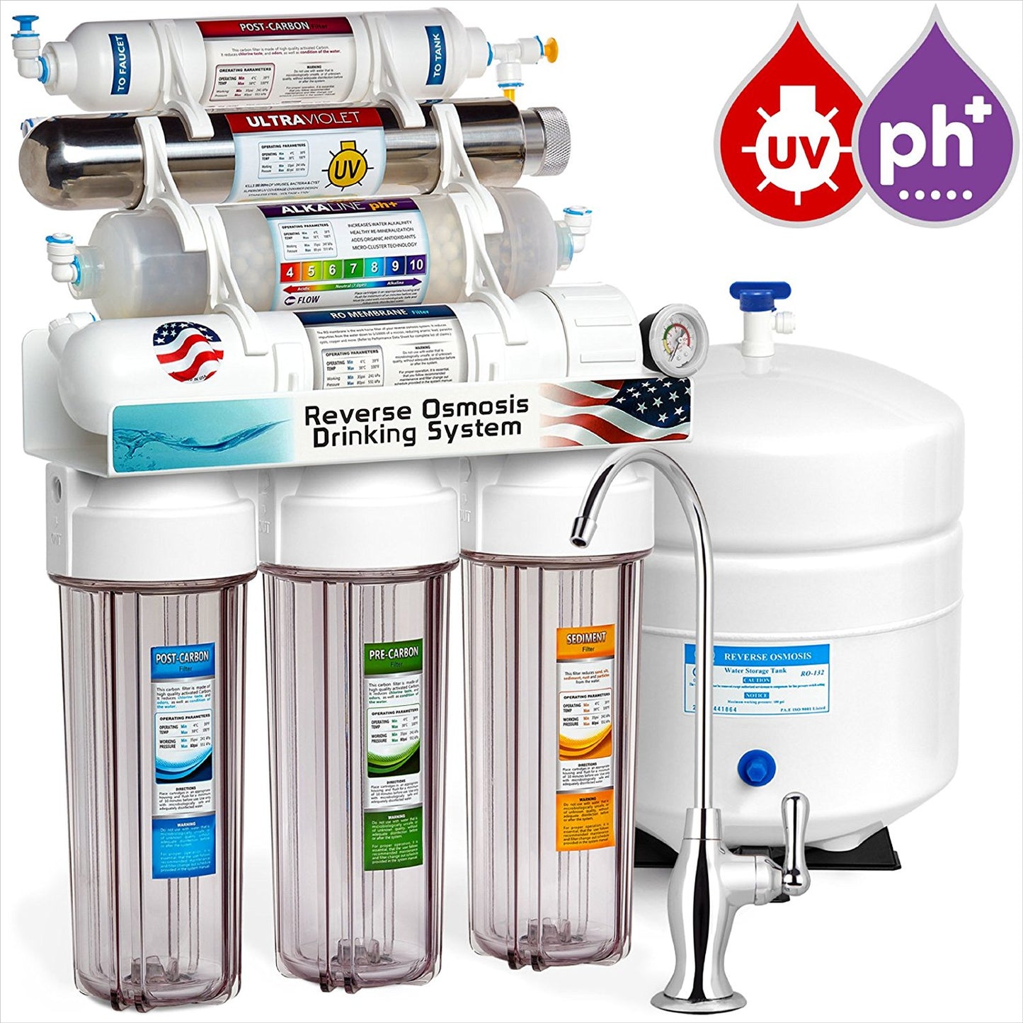 Sistema de purificacion de agua por filtración de ósmosis inversa ultravioleta alcalina 11 Etapas Mineralización UV con grifo y tanque