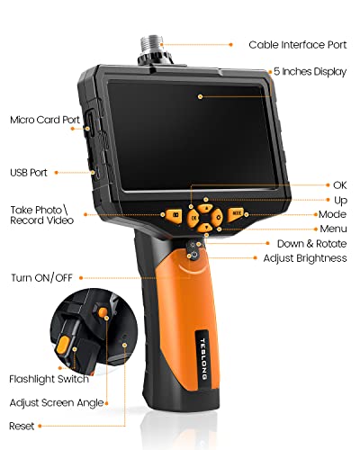 Teslong NTS300 - Cámara de inspección 5MP endoscopio con pantalla de 4.5 pulgadas y doble lente a 1080p con vidrio templado, endoscopio industrial de tubo semirrígido resistente al agua, batería de 2600mAh y tarjeta TF de 32GB
