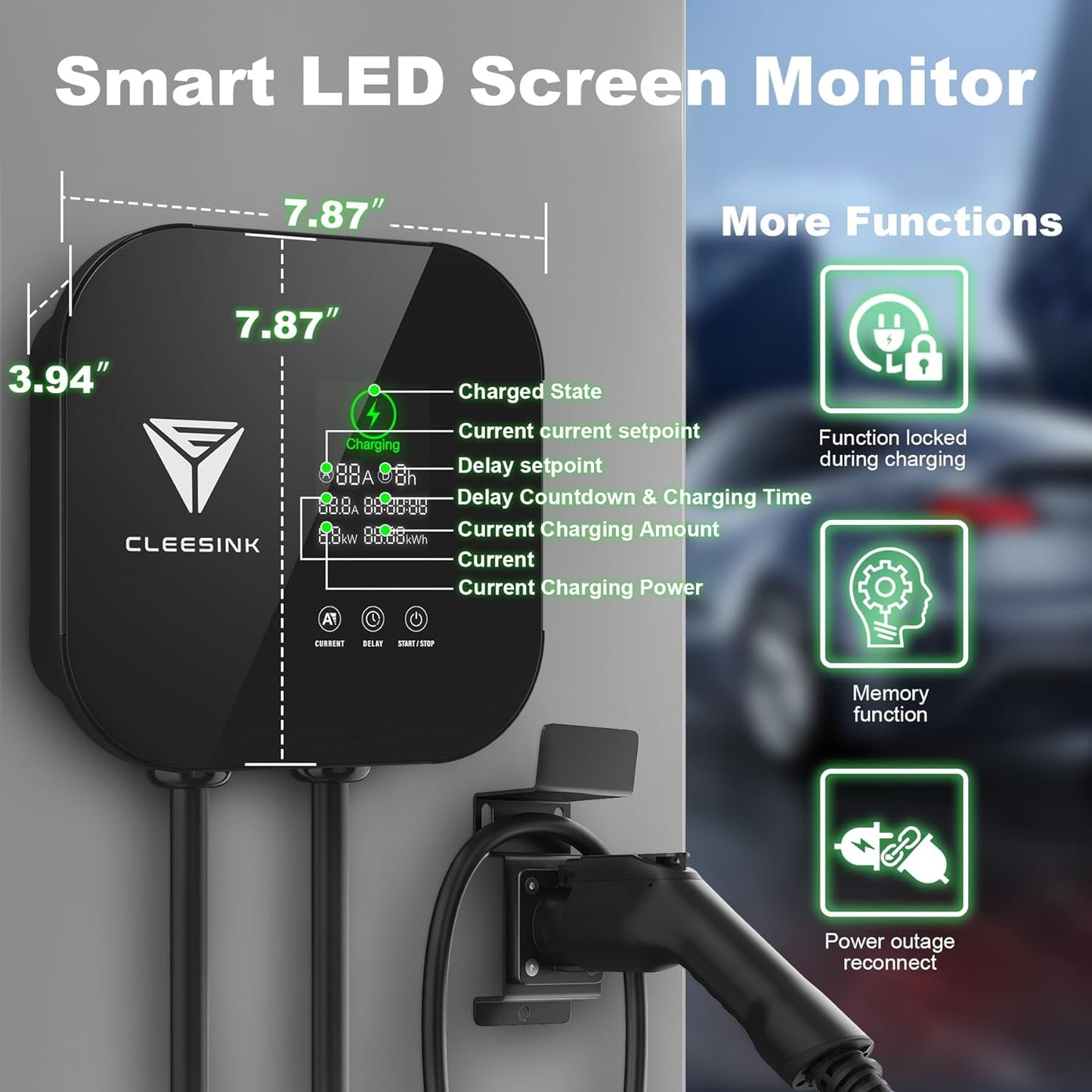 CLEESINK Cargador EV de nivel 2, estación de carga de vehículos eléctricos para interiores y exteriores, 40 A 240 V, NEMA 14-50, cable de 23 pies con certificación UL. 4-2687602YL